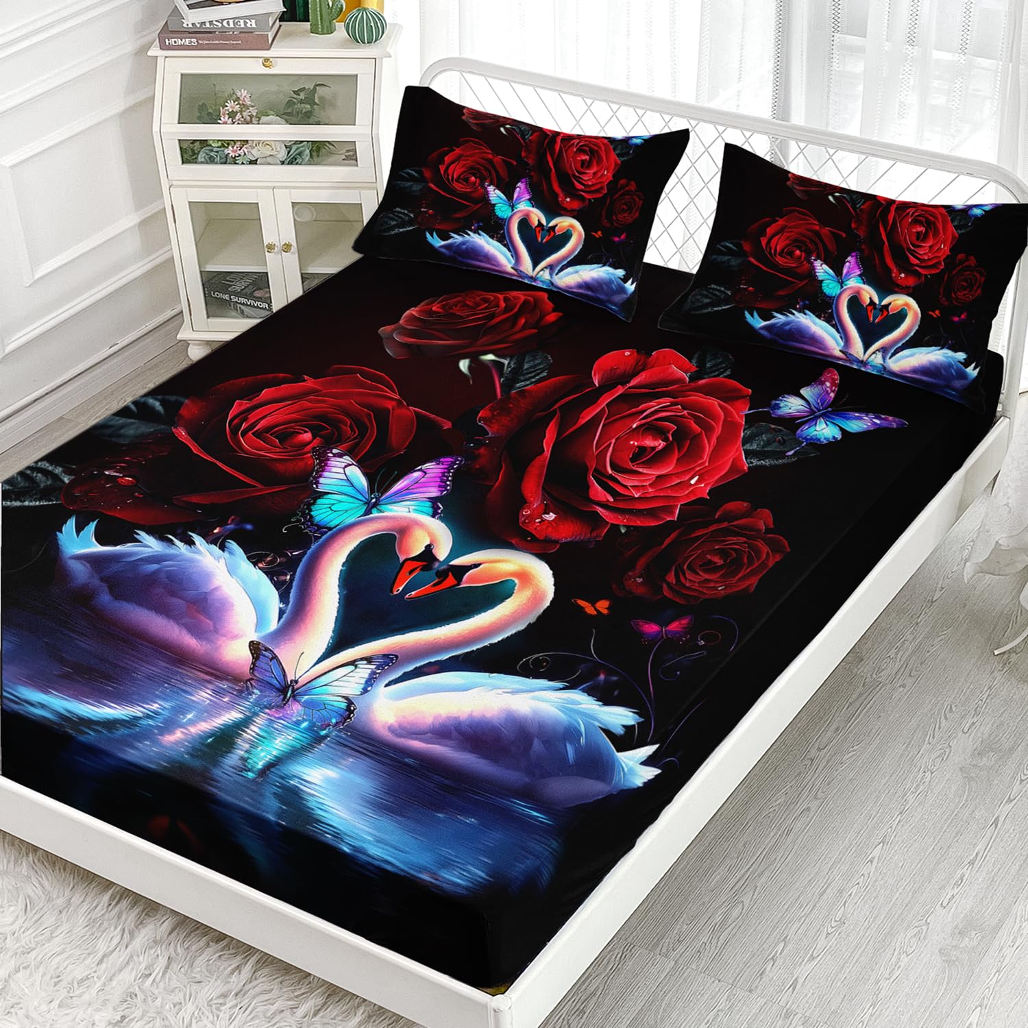 AILONEN Girls Rose Flower Fitted Sheet Set Queen Size,Red Rose Bedding,Romantic Floral Swam Couple Lover Bed Sheet Set,Red and Black Sheet Set,1 Fitted Sheet with 2 Pillowcases,3 Pieces