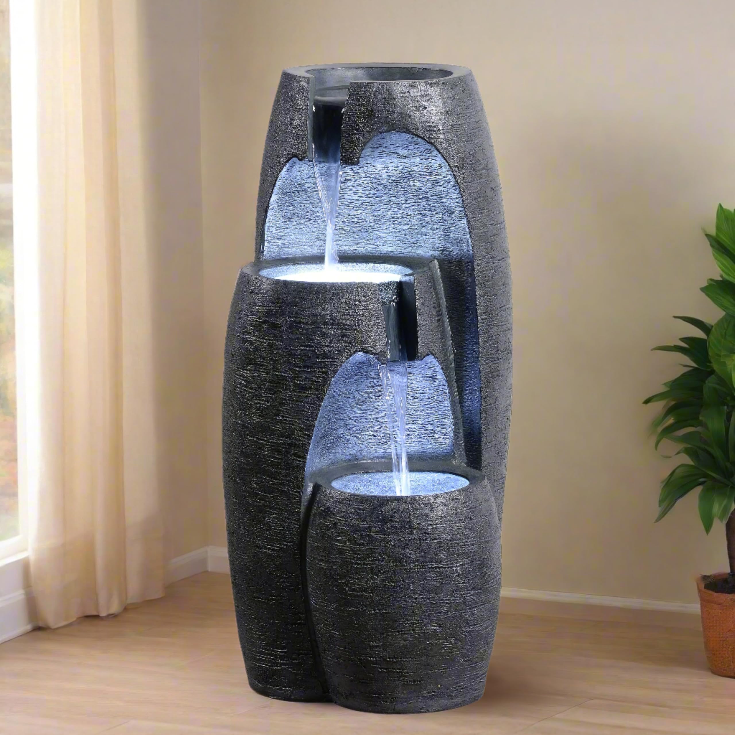 Teamson Home Garten Outdoor Brunnen Moderner 3-stufiger Kaskaden-Urnenbrunnen mit LED-Lichtern, Einstellbarer Fluss, schwarzes Steinoptik-Finish