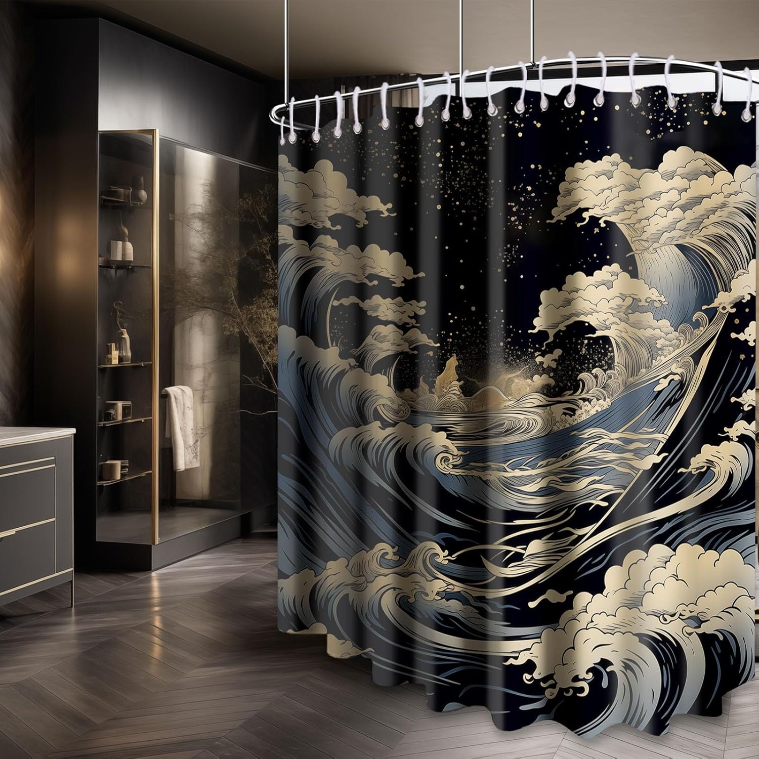 Anime Shower Curtain, Extra Wide Shower Curtain for Clawfoot Tub, 108" W X 72" L, Japanese Great Waves Oriental Asian Style Bathroom Decor, Waterproof Cloth Fabric with Hooks