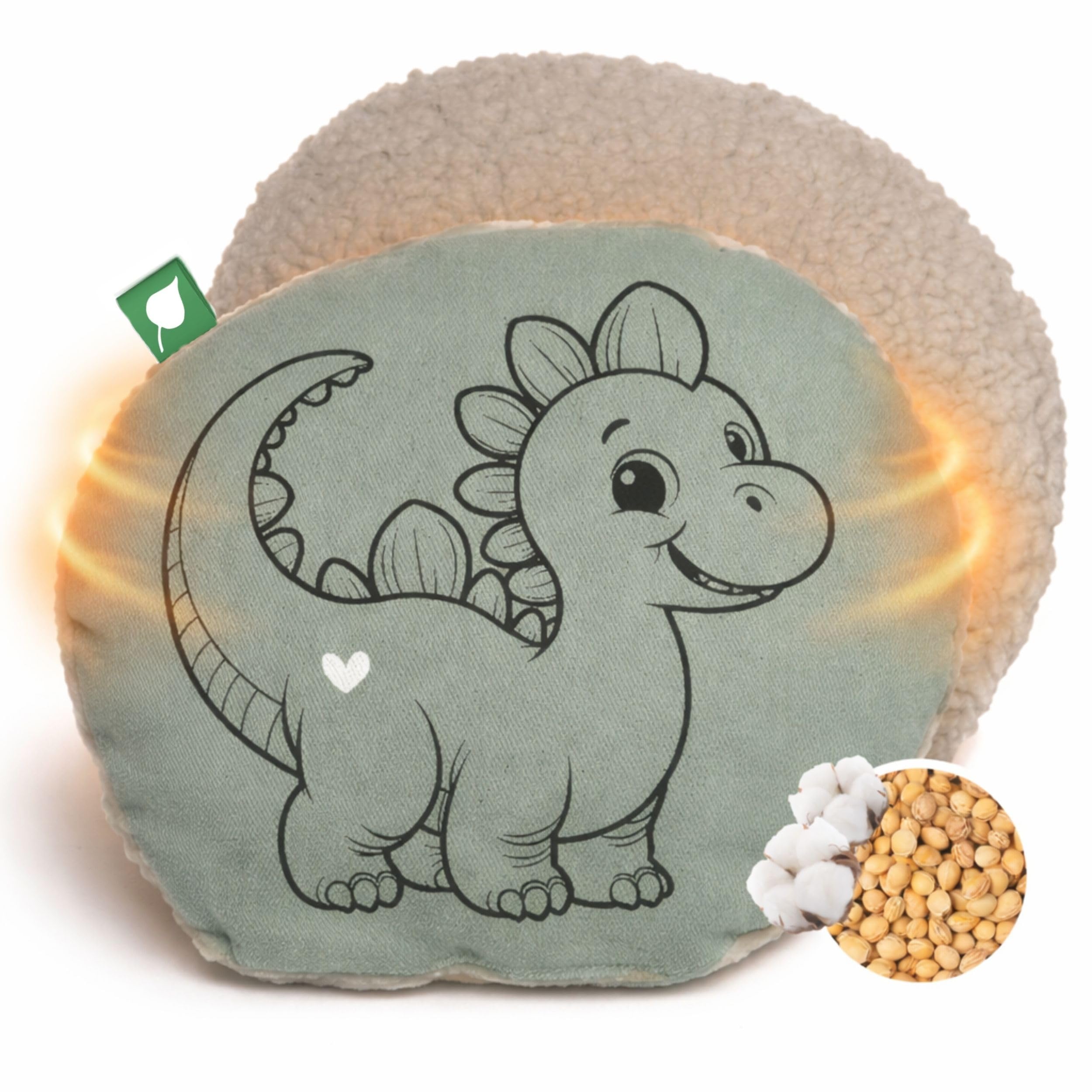 HERBALIND DINO Waschbares Kirschkernkissen für Kinder und Babys - 100% Baumwolle Plüsch Wärmekissen, Wärmekuscheltier Flauschiges wärmendes Stofftier 19x19 cm als Wärmflasche mit Kirschkernen