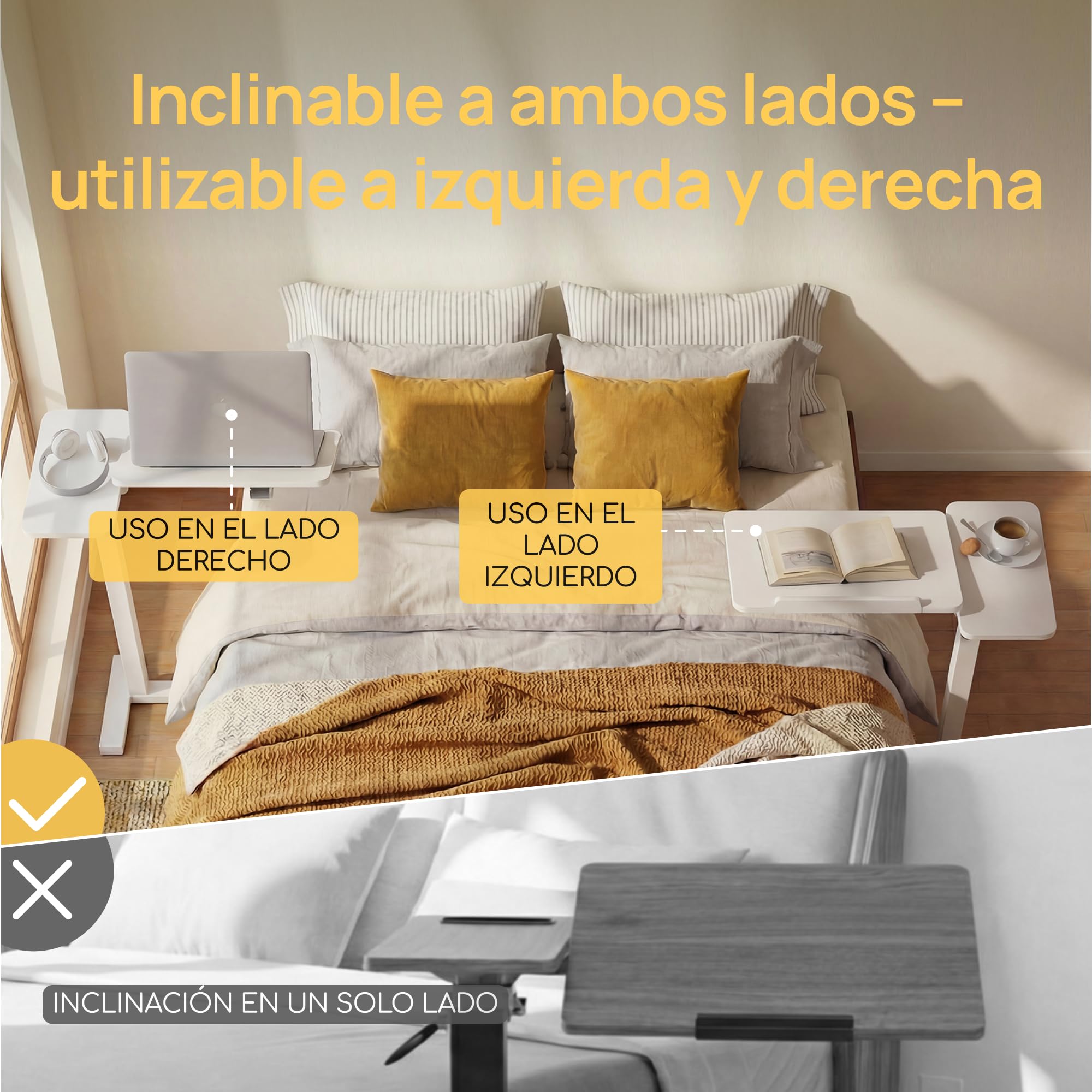 VIVIENDO Mesa Auxiliar para Cama con Ruedas, Blanco, Regulable en Altura 68–108 cm con Pistón de Gas, Mesa para Ordenador Portátil con Tablero Inclinable, para Cama, Sofá y Oficina, 70 x 40 cm