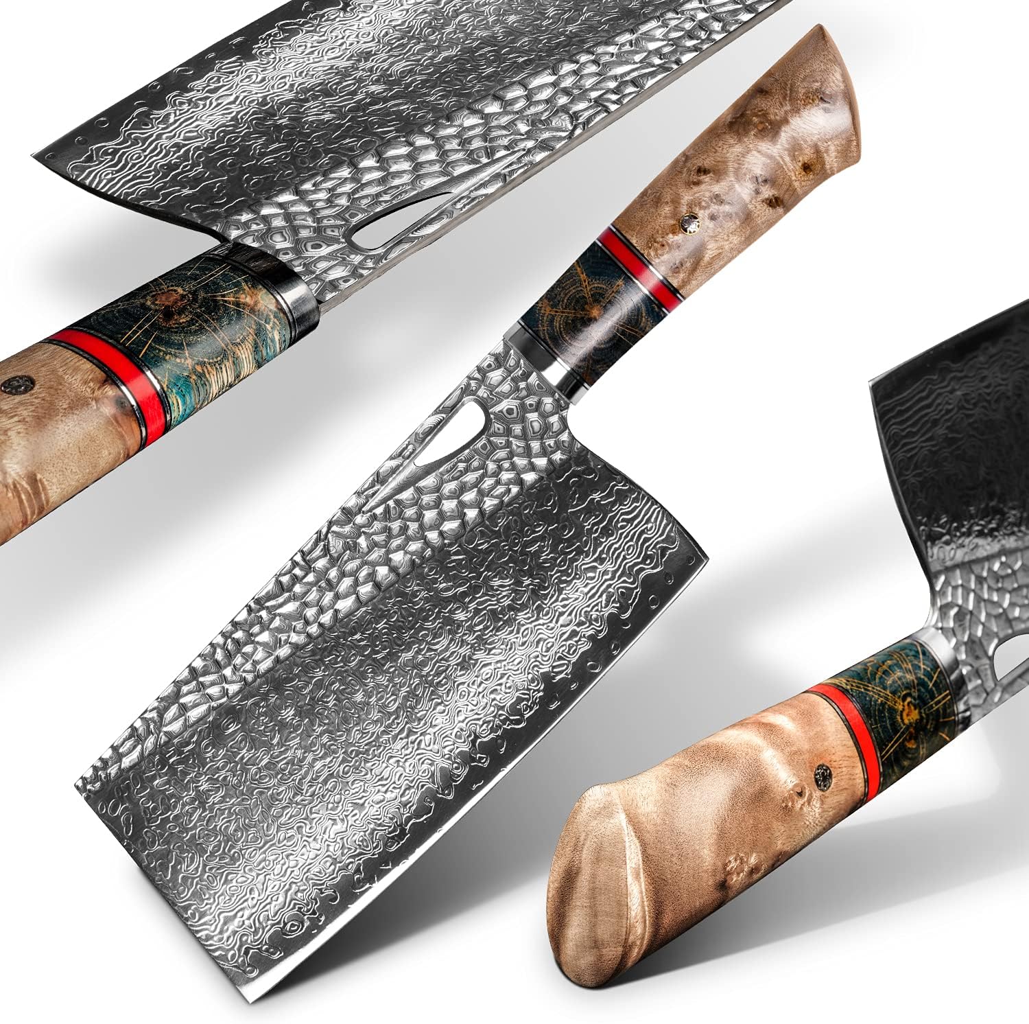Damascus Kitchen Chinese Cleaver,7.5in Professional Handmade Chopping Chopper Knives with Burl Stabilized Wood Handle for Meat and Vegetable in Home&Restaurant