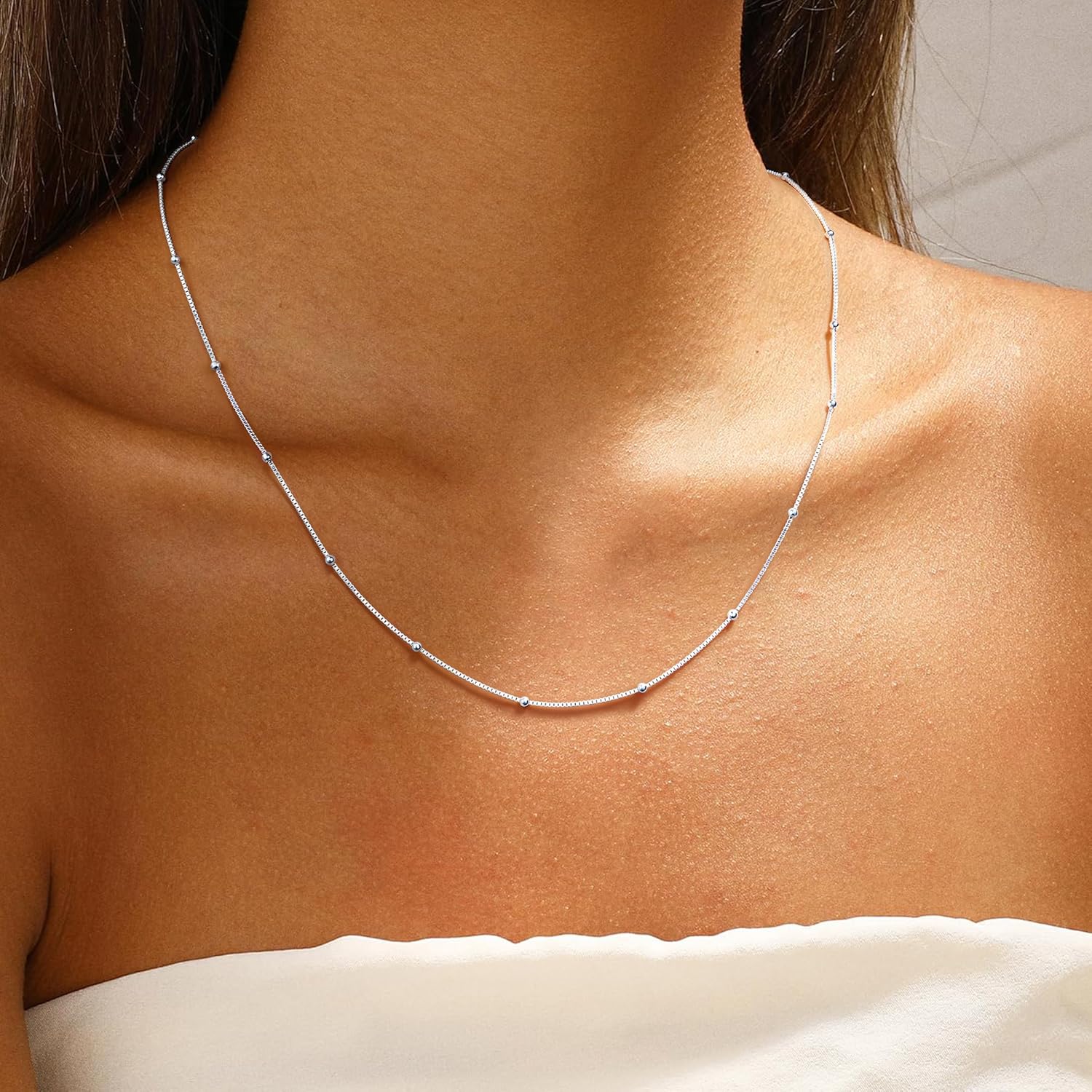 IEFWELL S925 Sterling Silver Satellite Chain Necklace for Women - 1.2mm Satellite Bead Box Chains Necklace, Hypoallergenic Sturdy Women's Silver Chain Necklaces, 16/18/20/22 Inches Jewelry Gifts - Image 4