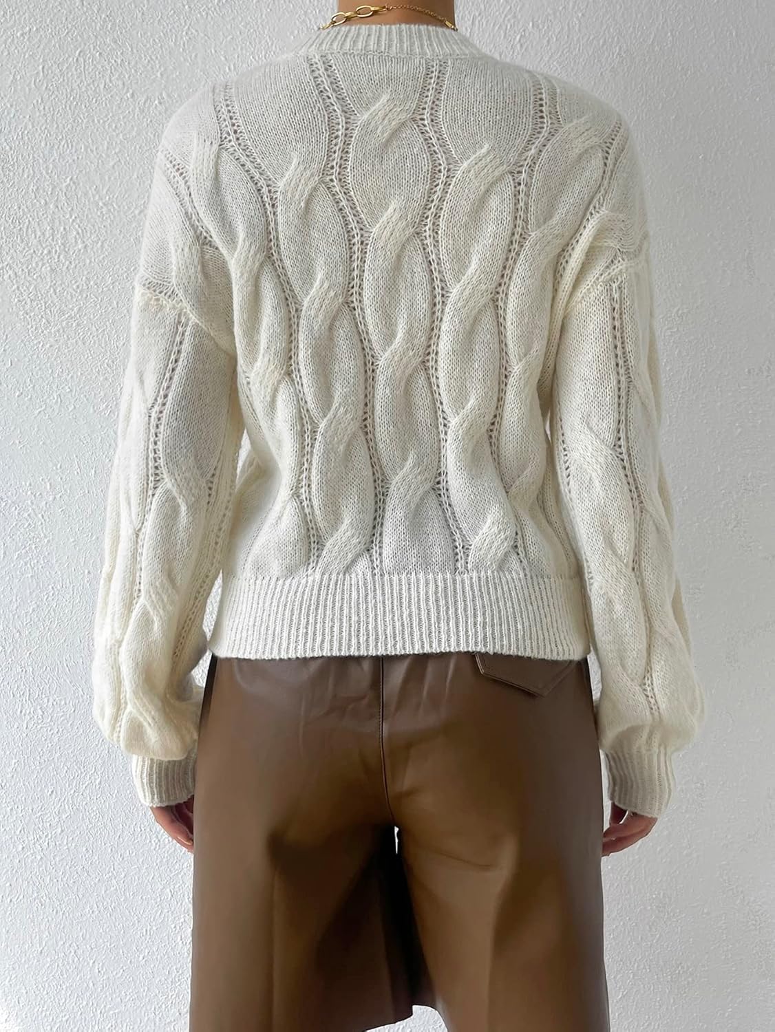 Women's Sweater Cable Knit Drop Shoulder Sweater Sweater for Women (Color : Beige, Size : Medium)