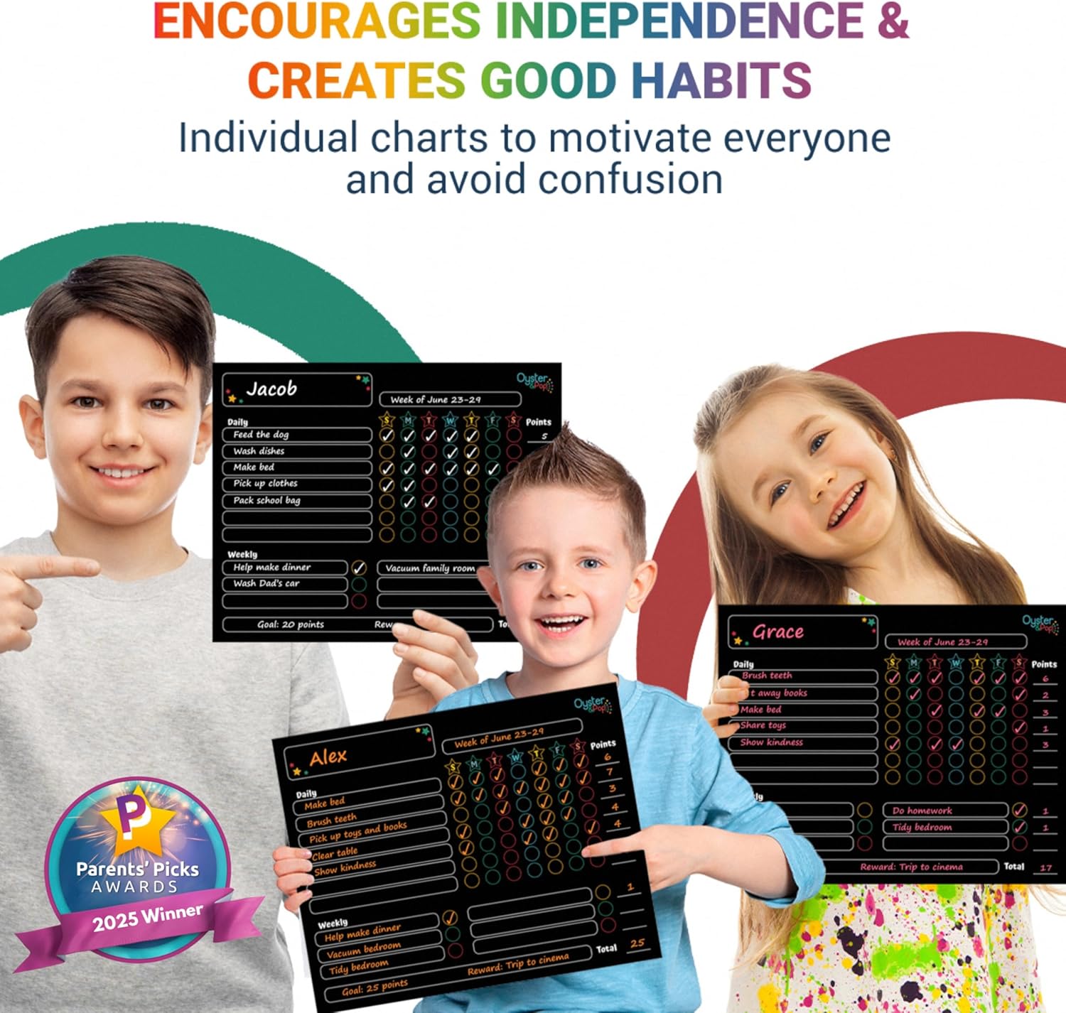 Award-Winning Black Magnetic Chore Charts for Kids - 3 Pack Dry Erase Responsibility & Behavior Charts for Multiple Kids - Reward Chart for Home - Reusable Chore Boards with Markers