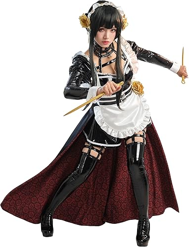 MEOWCOS - Vestido de sirvienta para mujer, diseño de anime, cosplay, delantal francés, delantal de sirvienta con diadema y calcetines en el muslo