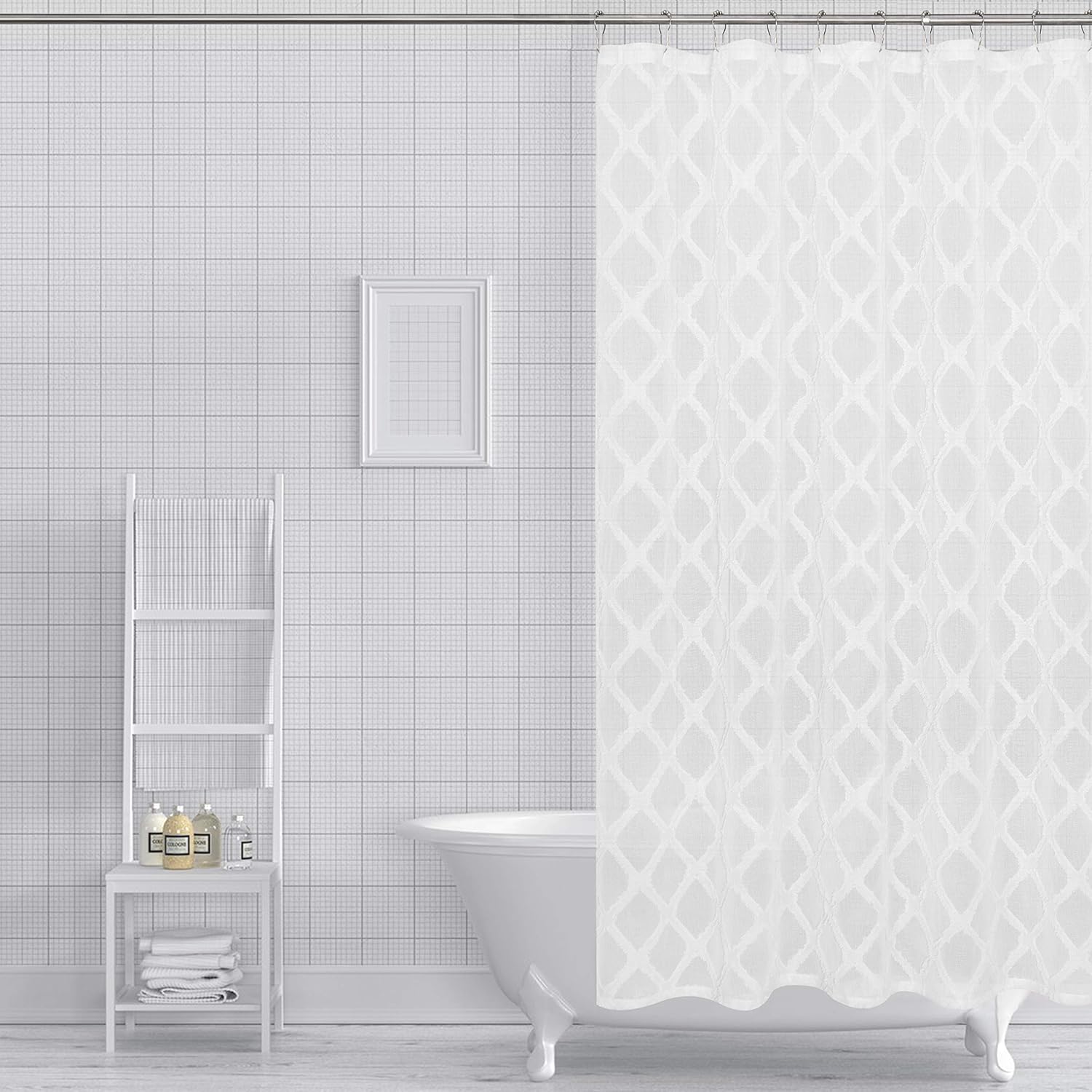 Linen Look Contemporary Shower Curtain With 12 Roller Ball Hooks - White 70" x 72" - Water Resistant Polyester Blend, Washable Shower Curtain - Perfect Cloth Shower Curtain for Stylish Bathrooms