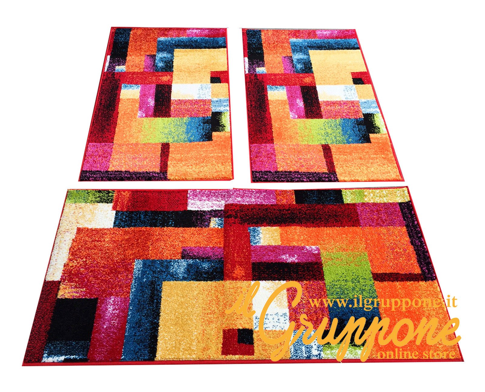 Tappeto arredo moderno scendiletto 3 pezzi camera multicolore verde giallo blu - Multicolore geometrico - 2 pz 60x110 cm 1 pz 80x150 cm
