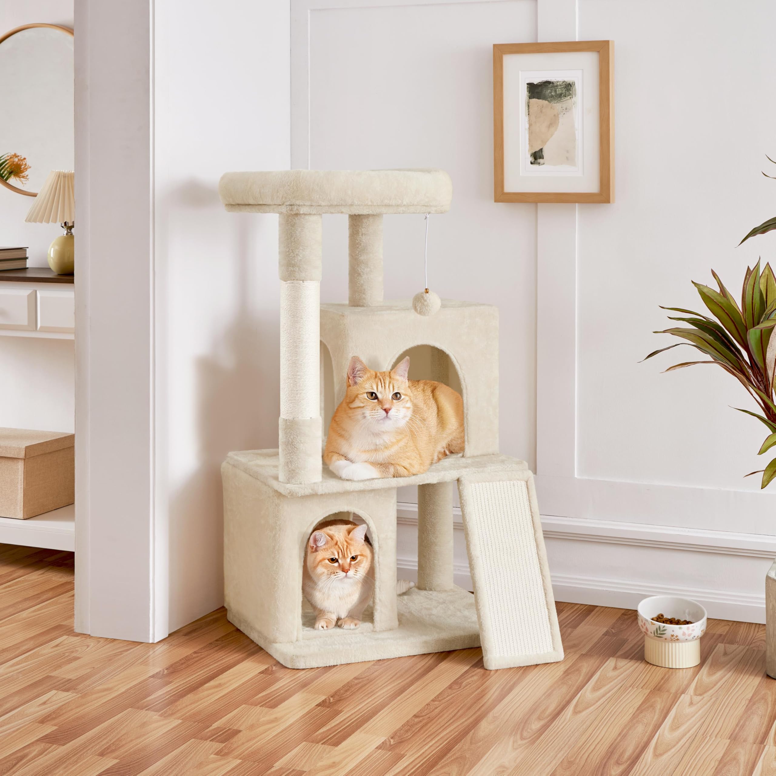 Yaheetech Árbol rascador para Gatos de 106 cm de Altura, con 2 Casitas y Pelota de Juego, Color Beige