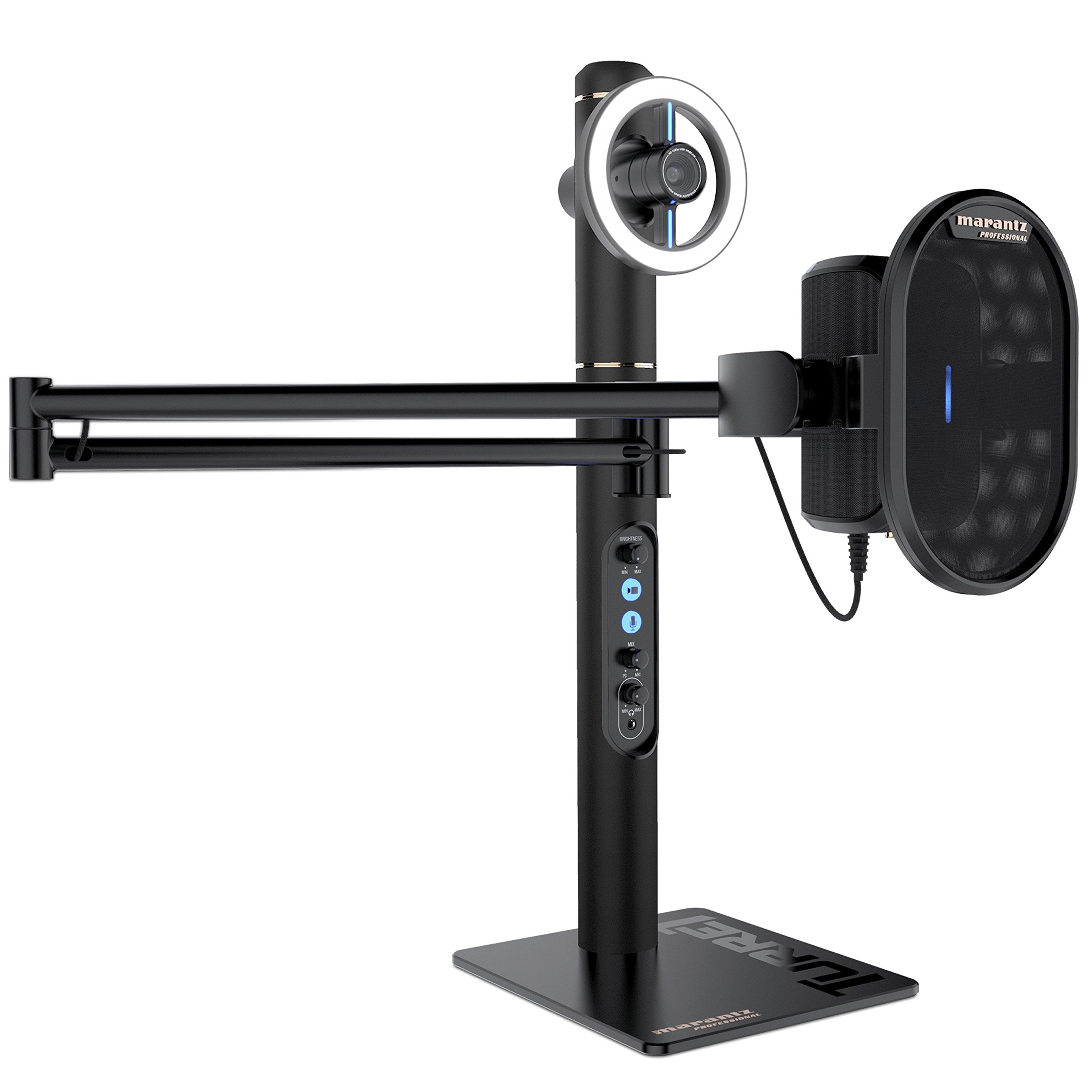 Marantz Professional Turret - Komplettes Podcast System mit Full HD Webcam, USB-Kondensatormikrofon mit Pop-Filter, dimmbarem LED-Lichtring und internem USB-Hub