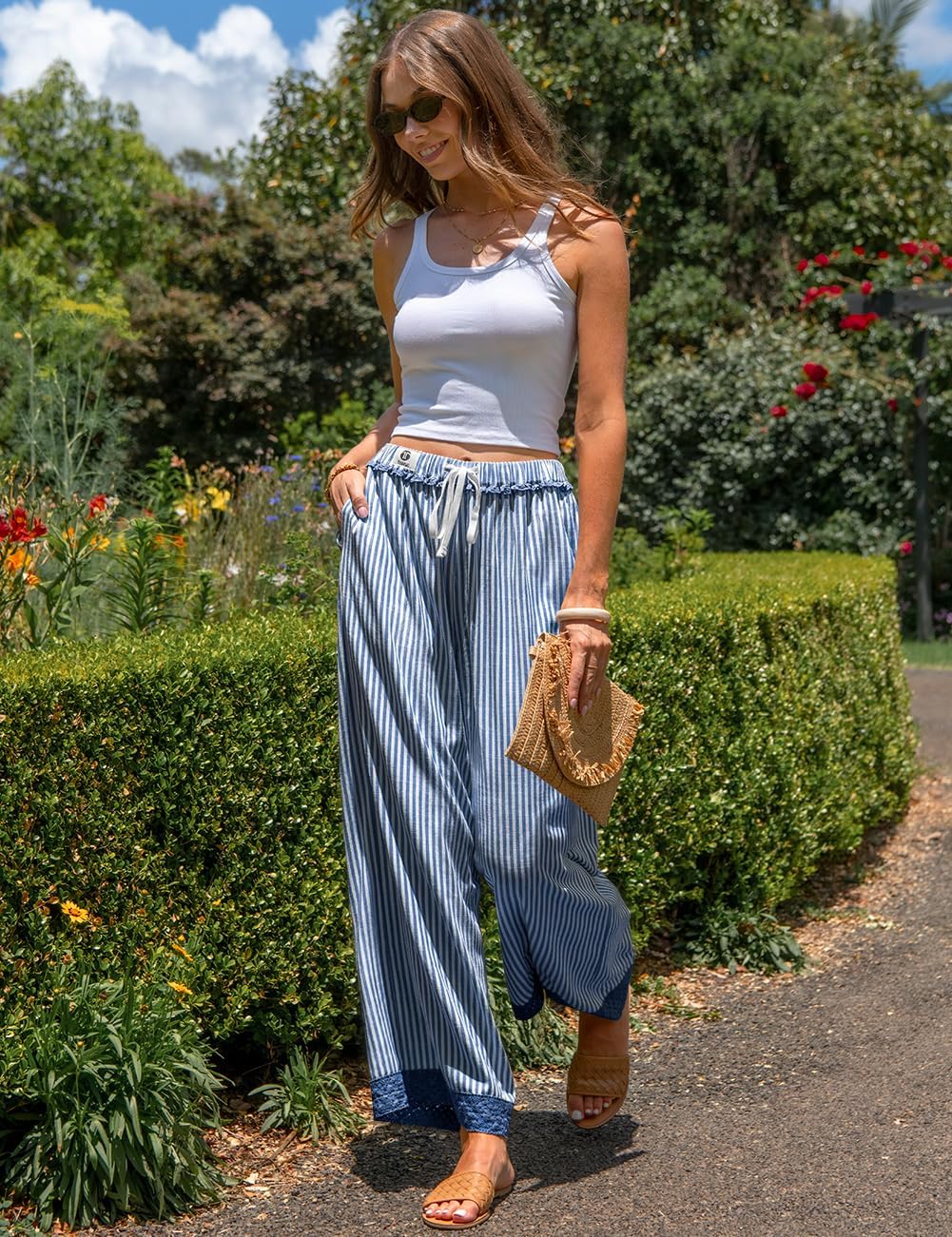 TARSE Womens Striped Lounge Pants Wide Leg Loose Fit Drawstring Casual Boho Summer Vacation Beach Pants - Image 3