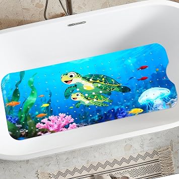 Kids Bathtub Mat Non Slip, 40 * 16in, Bath Mat for Tub, Turtle Design | Anti-Slip, machine washable, Eco Friendly, Funny Design,