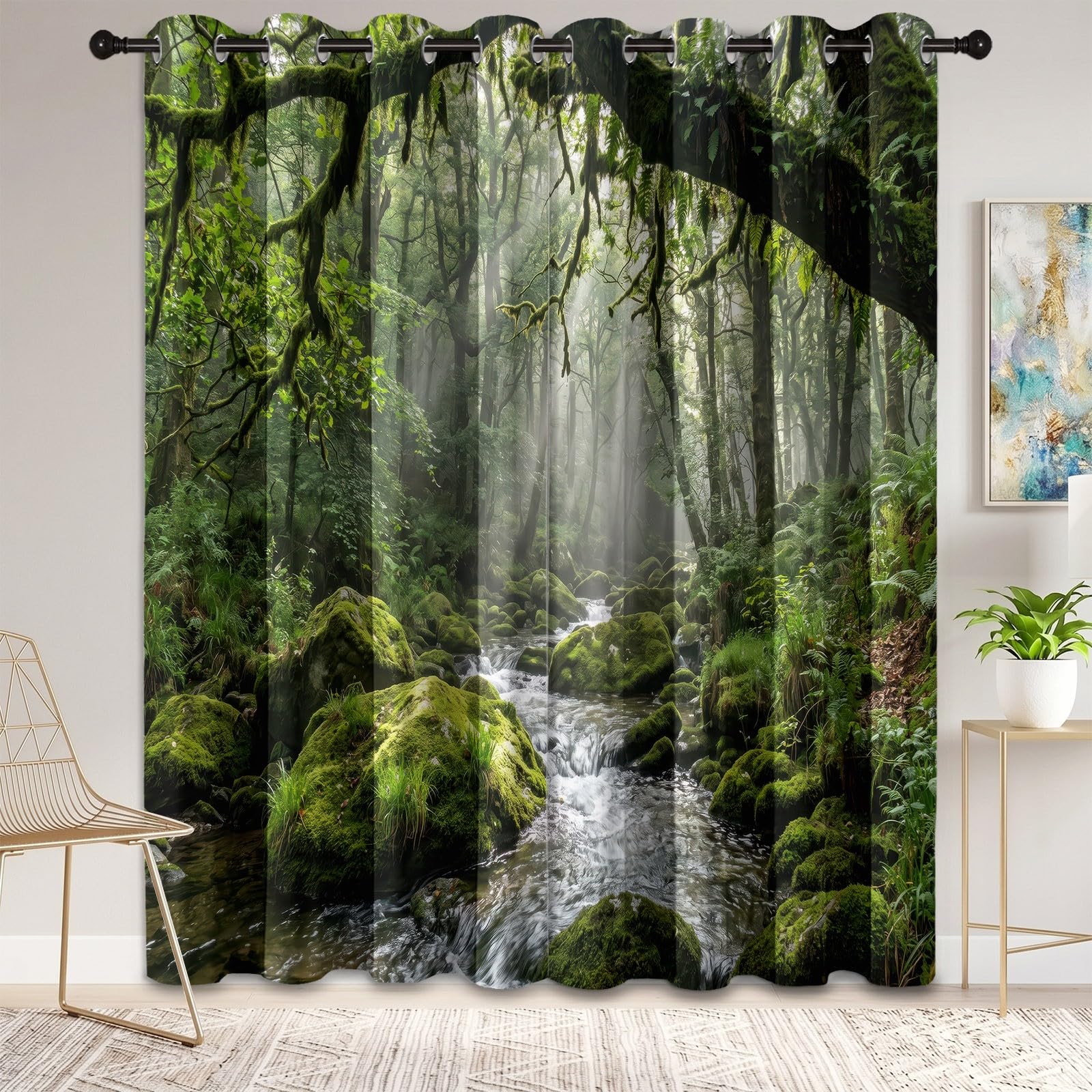Generisch Naturlandschaft Verdunkelungsvorhänge, H200 x B70 cm Wald Bäume Bach Felsen Moos Vorhänge mit Ösen 2er Set für Schlafzimmer, Grün Raumverdunkelung Fenstervorhänge für Wohnzimmer