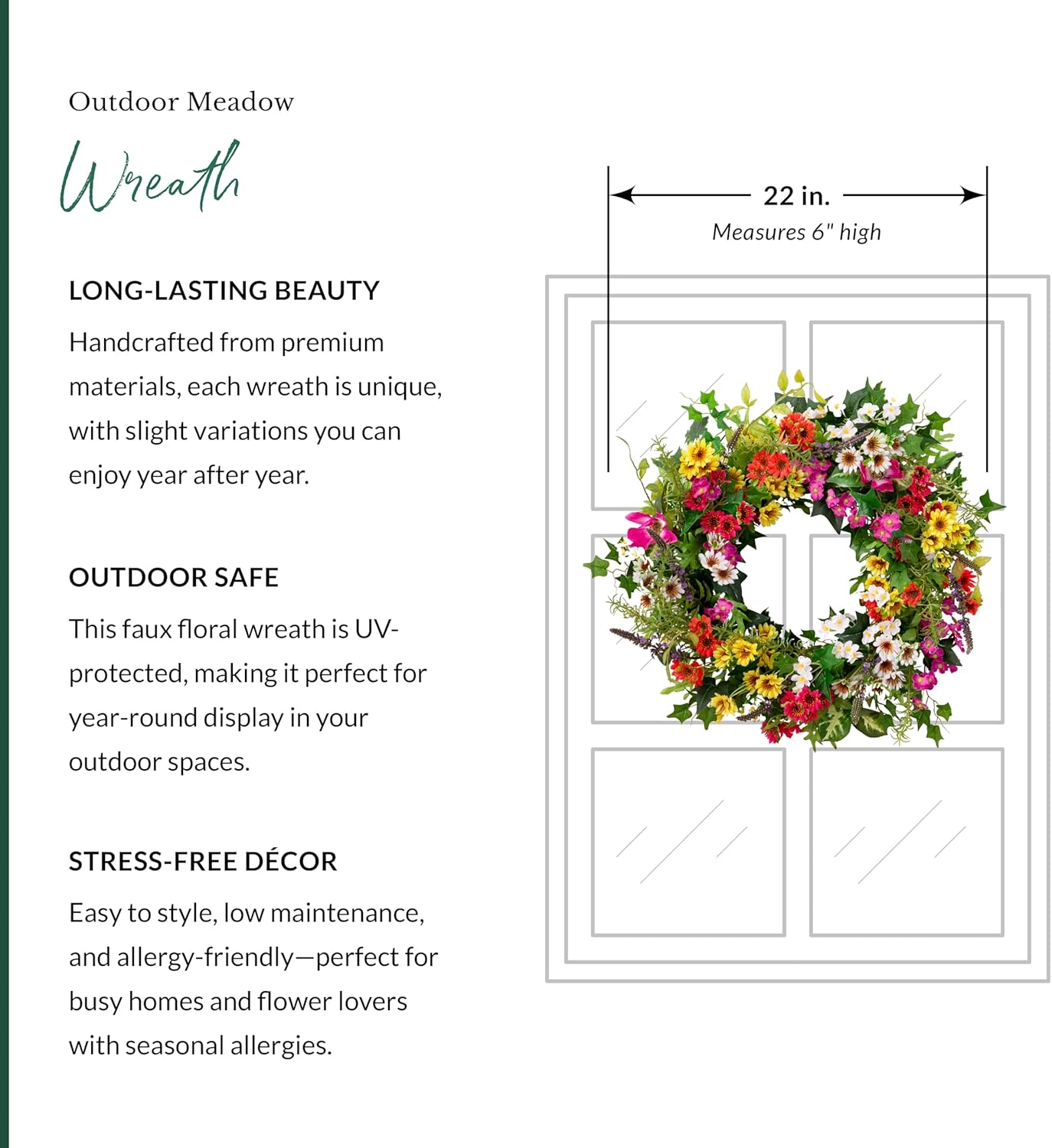 Balsam Hill Outdoor Meadow Spring Wreath - 22" Premium UV-Protected Floral Door Wreath for Front Door, Patio, Garden & Year-Round Outdoor Display