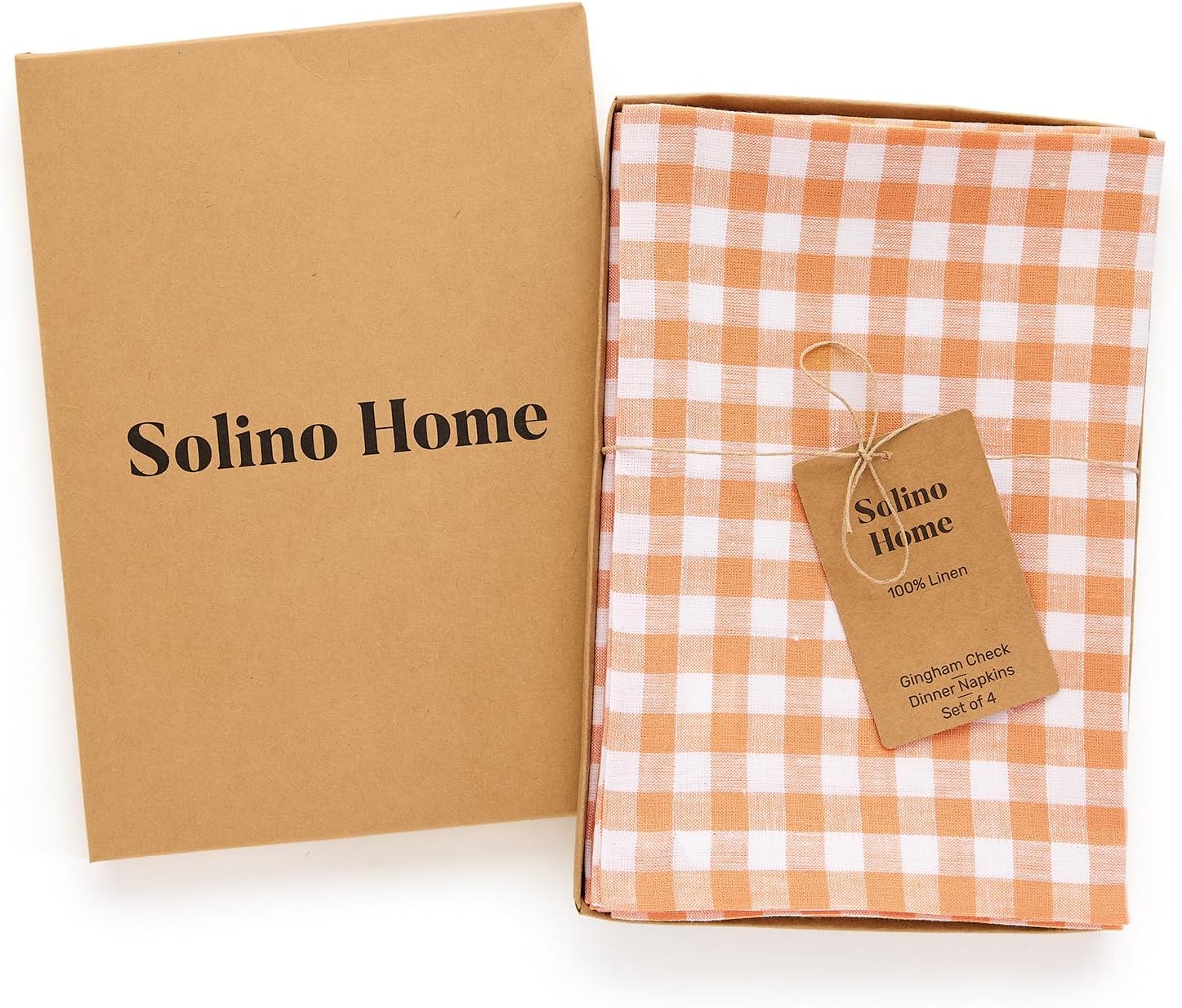 Solino Home Linen Napkins Set of 4-100% Pure Linen Apricot Gingham Check Dinner Napkins Cloth 20 x 20 Inch for Spring, Summer