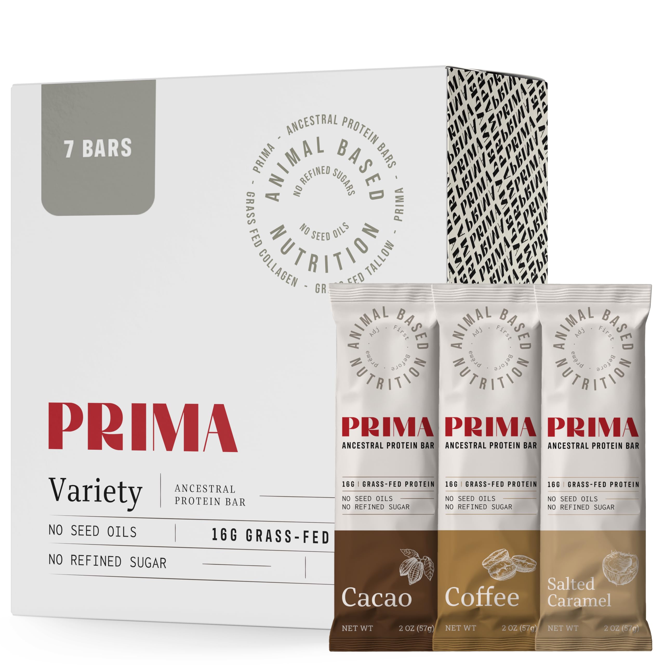 PRIMA Grass Fed Protein Bars, 7 Pack – Animal-Based Protein Bar with Beef Tallow, Raw Honey, Seed Oil Free, Low Carb, Gluten-Free – Healthy, Energy Snacks for Clean Lifestyle (7 Pack, Variety Pack)