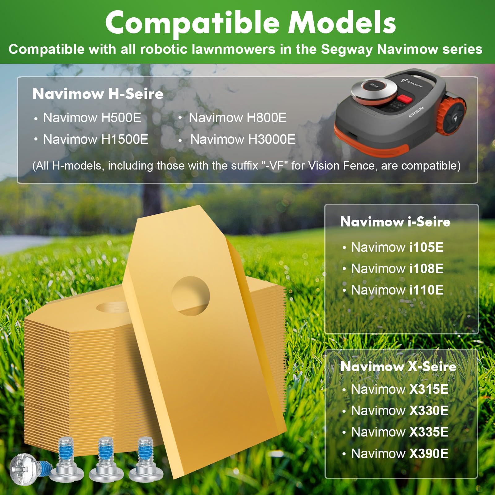 42 Lame di Ricambio Compatibili con Navimow i105E, i108E, i110E, H1500E, H3000E-VF, X315E, X390E, Lame Ricambio in Acciaio Inox Rivestite in Titanio per Tutte Navimow Serie Robot Rasaerba con 42 Viti
