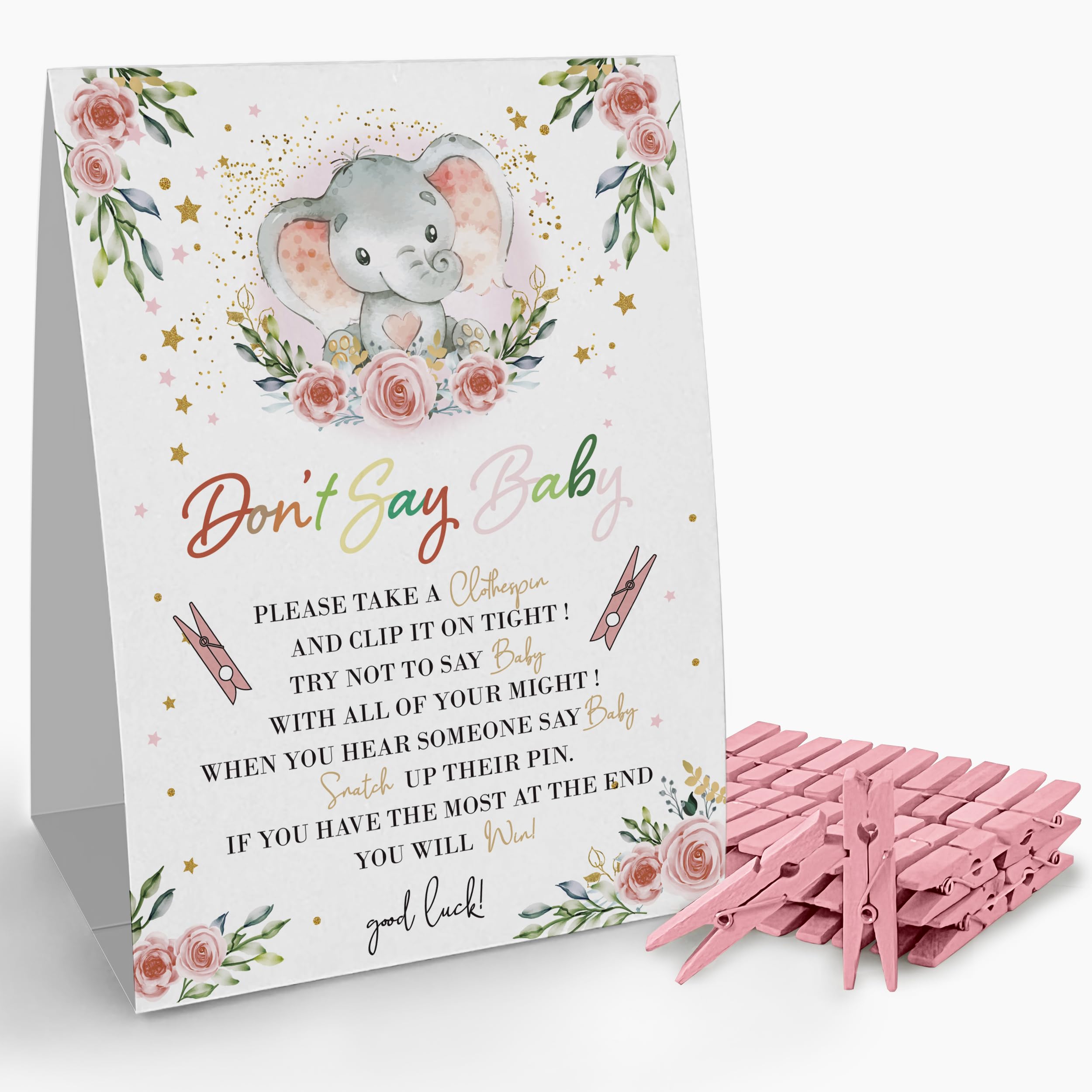 'Don't Say Baby Clothespin' znak do gier (1 znak + 50 mini spinaczy do bielizny), różowy słoń baby shower gra, dekoracja baby shower, It's a Girl
