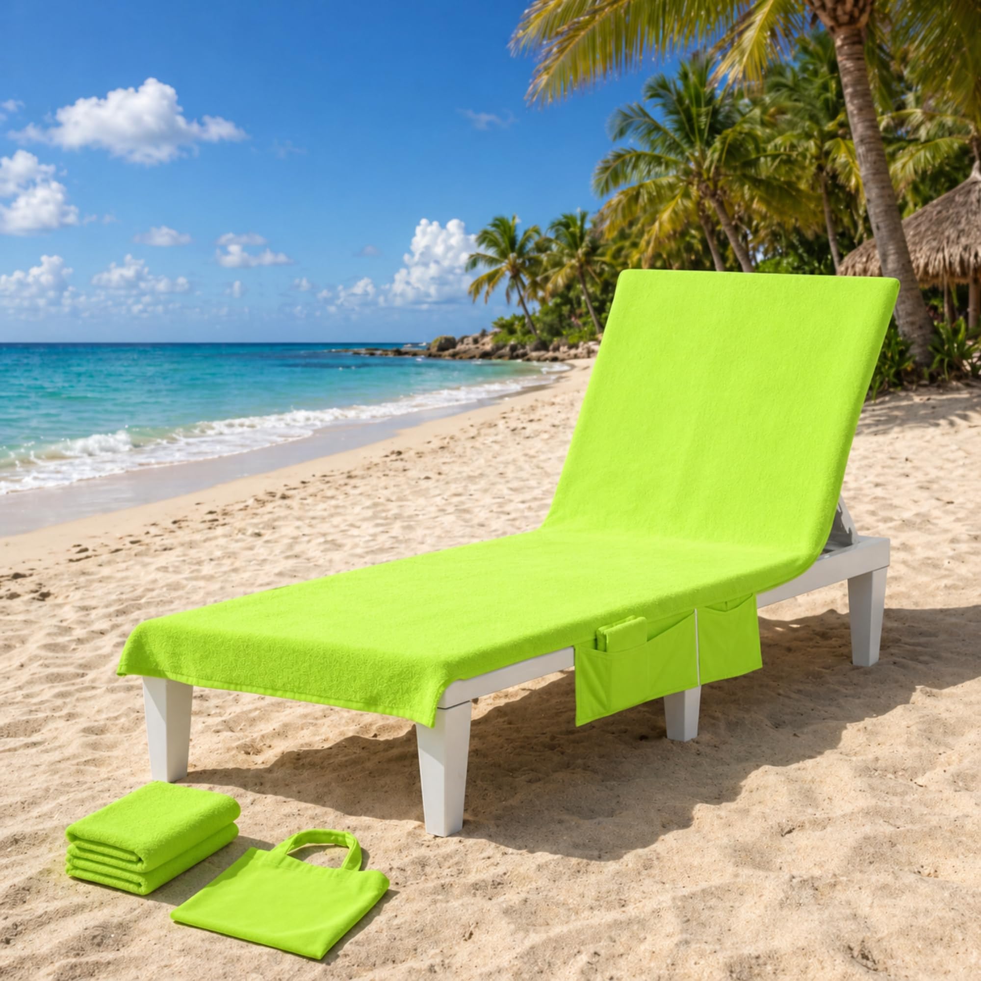 Lounger Towel with Pockets, Large Beach Towel for Sun Lounger, Quick Dry Sand Free Chair Cover, Lightweight Travel Sunbed Towel for Pool & Holiday (GREEN)