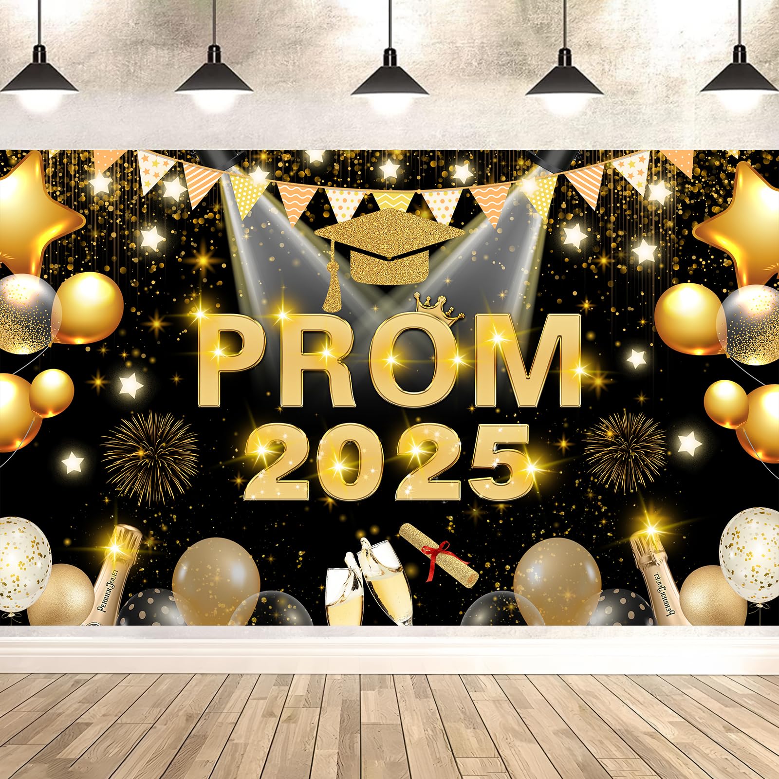 Prom Banner Decorations 2025 Large Prom Night Backdrop Photo Background Graduation Banner 2025 for 2025 Graduation Party Supplies Gold