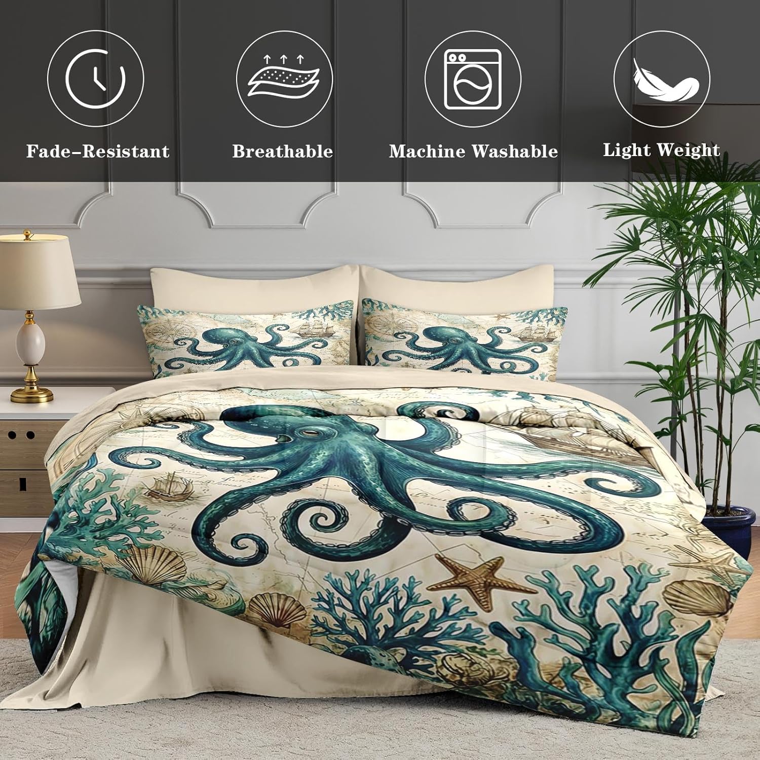 WeCozy Queen Size Comforter Set with 2 Pillowcases & 2 Shams, Octopus Nautical Ocean 7 Pcs Bedding Set for Kids and Adults, Vintage Coastal Bed in a Bag with Flat Sheet and Fitted Sheet