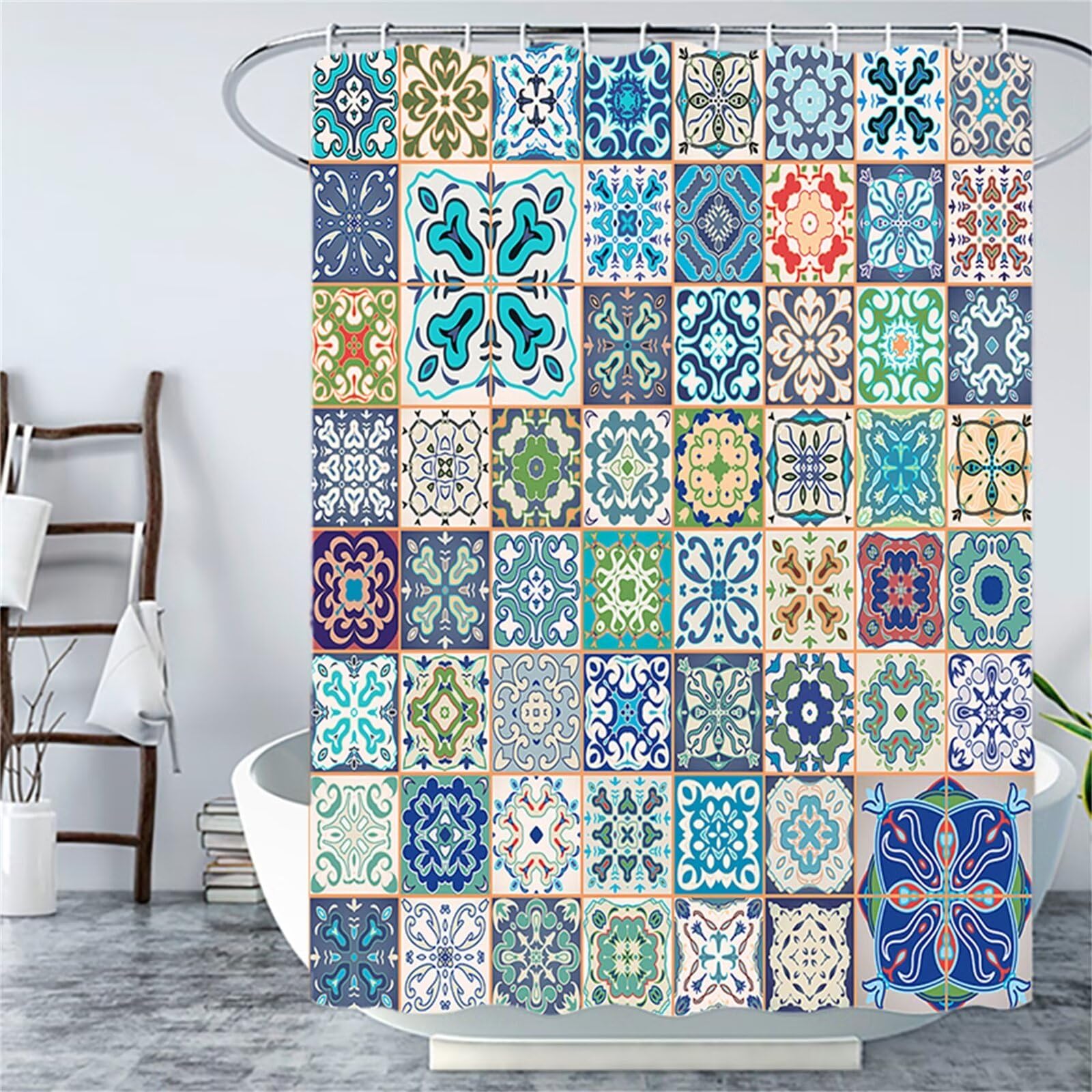 Syiboo Shower Curtain 180x120cm Extra Long Shower Curtains Waterproof Washable Bathroom Curtains,Weighted Bath Curtains with Hooks,3D Outdoor Shower Curtain Colorful Bohemian W71*L48 Inch