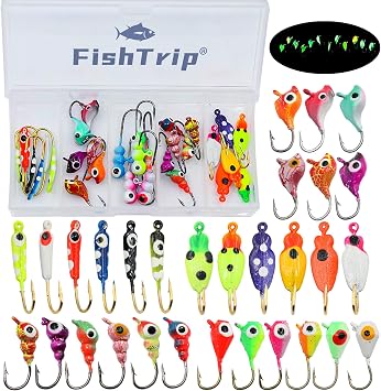 FishTrip Ice Fishing Jigs Kit, Glow Jig Lure Set for Winter Ice Fishing | 30/60Pcs Glow ice jigs for Crappie Bluegill Sunfish Perch Panfish Walleye Pike Jigs, Ice Fishing Gear with Storage Box