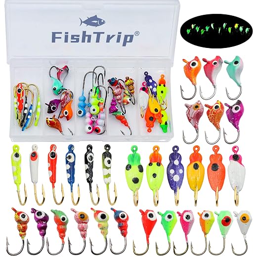 FishTrip Ice Fishing Jigs Kit, 30/60Pcs Glow Ice Fishing Lure Set for Winter Ice Jigging Crappie Sunfish Perch Panfish Walleye Pike Jigs, Ice Fishing Gear with Storage Box