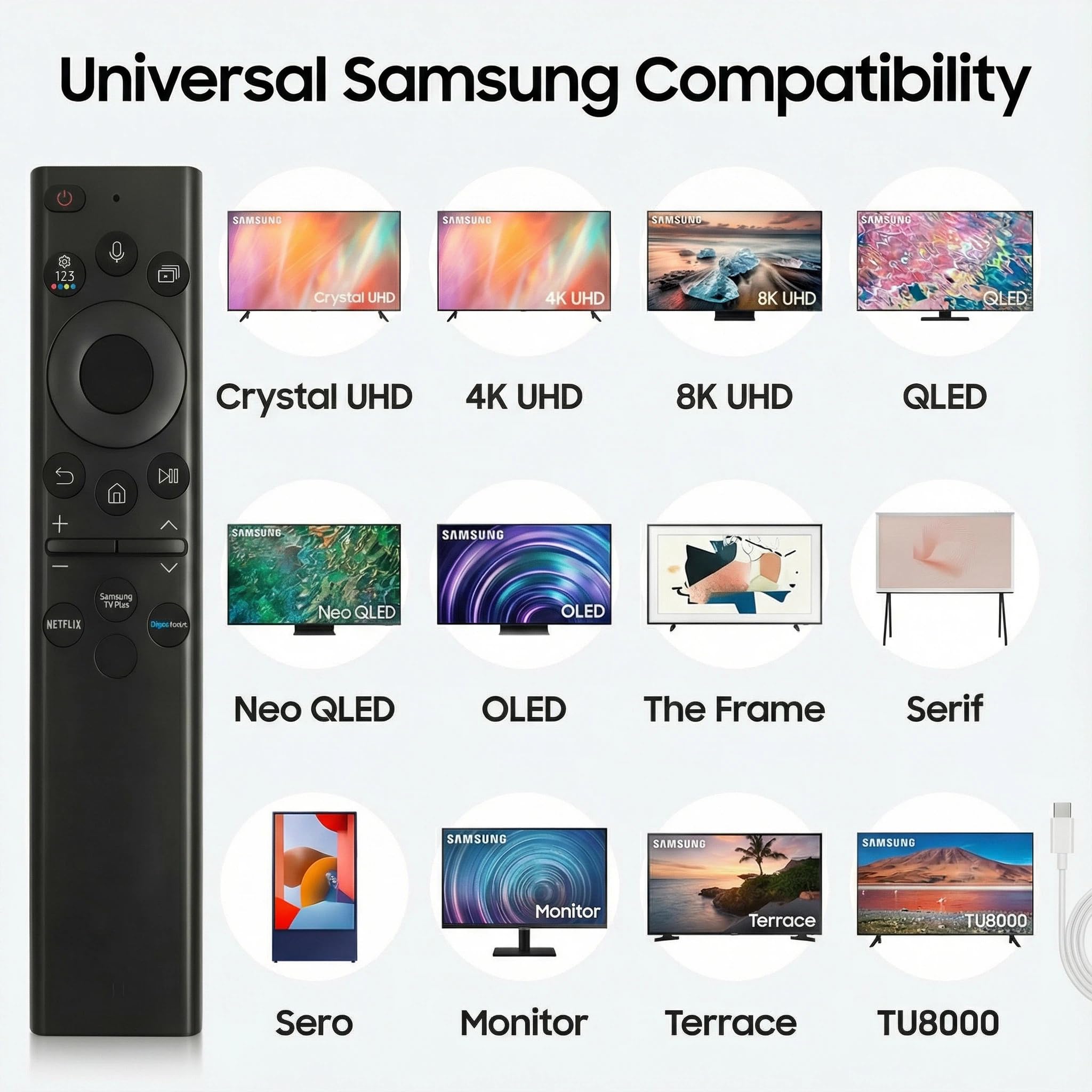 Rechargeable TV Remote for Samsung Smart TVs, Compatible with 2019-2026 Samsung Smart TV,Solar Charging, Voice Control, USB-C Fast Charging,2-Year Warranty — Amazon image 4
