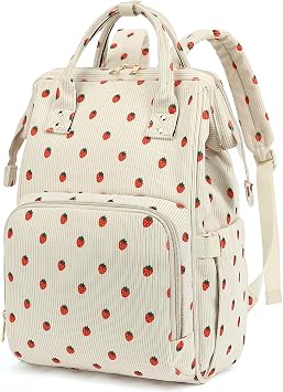 College Laptop Backpack, Travel Backpack for Women, Corduroy Casual Daypack, School Backpack Bookbag for Girls Beige Corduroy Strawberry