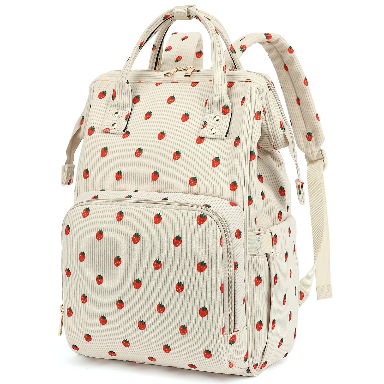 Yusudan College Laptop Backpack, Travel Backpack for Women, Corduroy Casual Daypack, School Backpack Bookbag for Girls (Beige Corduroy Strawberry)