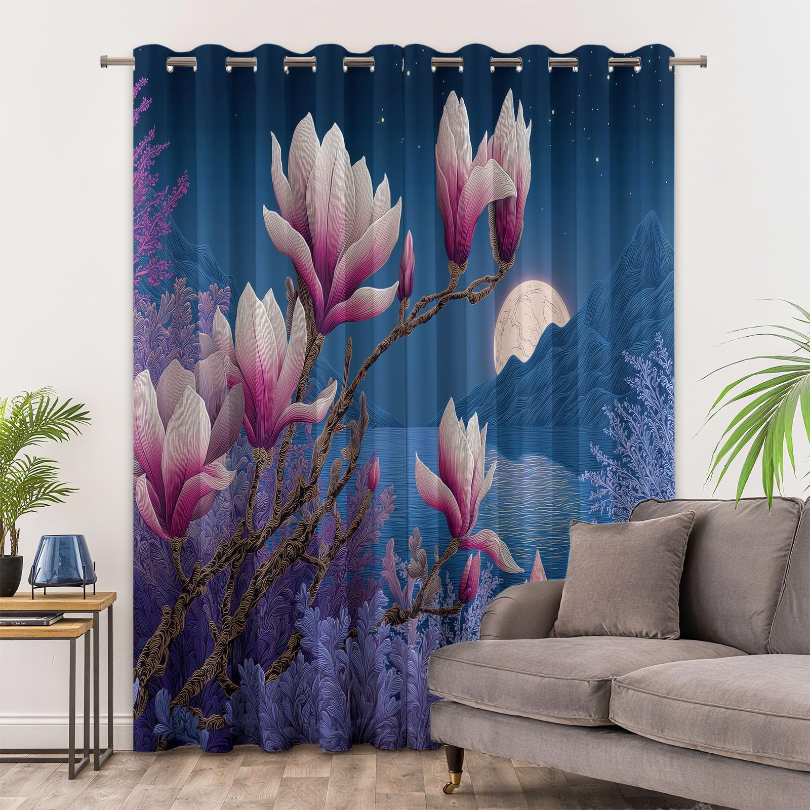 Zasłony zaciemniające 75 x 166 cm zestaw 2 sztuk, orientalny urok natura kwiaty magnolia zasłona zaciemniająca z oczkami do sypialni, redukcja hałasu, ciemnoniebieska