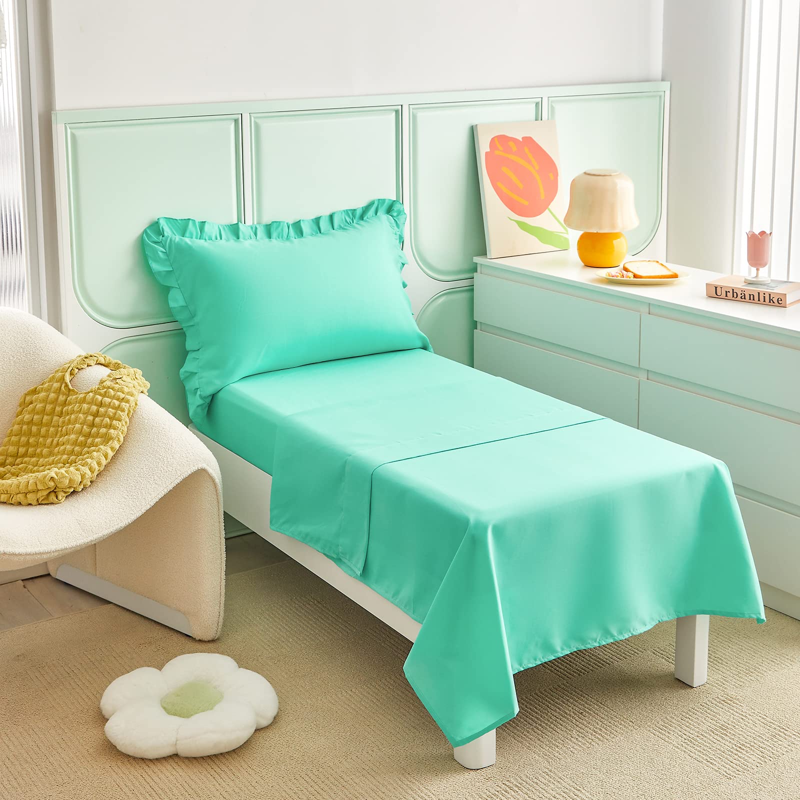 Juego de ropa de cama de 4 piezas para niños pequeños, color verde azulado, con flecos de volantes, color liso, 1 edredón para niños pequeños, 1 sábana bajera, 1 sábana encimera y 1 funda de almohada