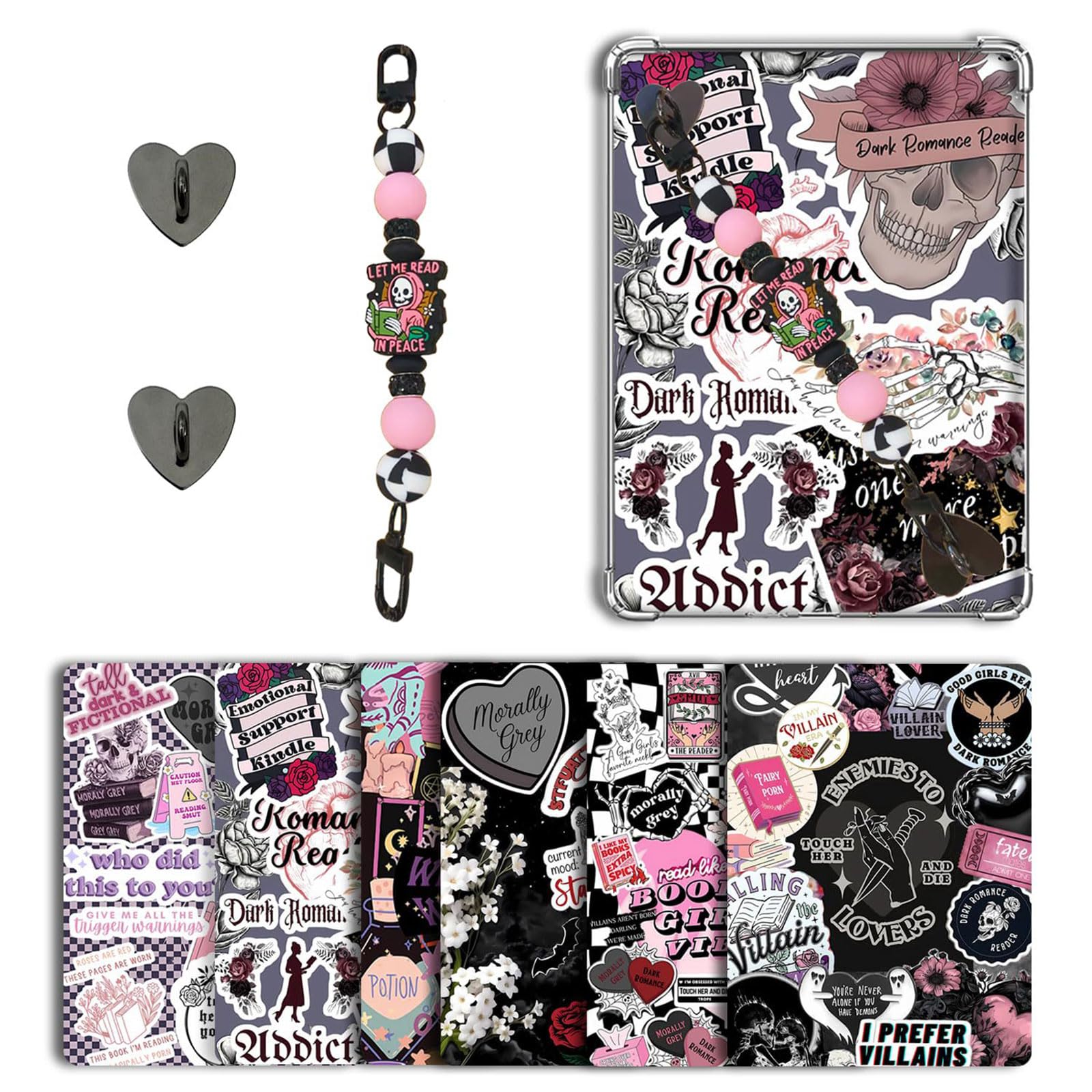 Muorruo 6-Pieces E-Reader Rear Inserts, for Kindle Paperwhite 11 12 Cover Accessories with Silicone Bead Bracelet & Pendant, Book-Theme Vintage Pattern Protection Set for Kindle E-Reader - 1