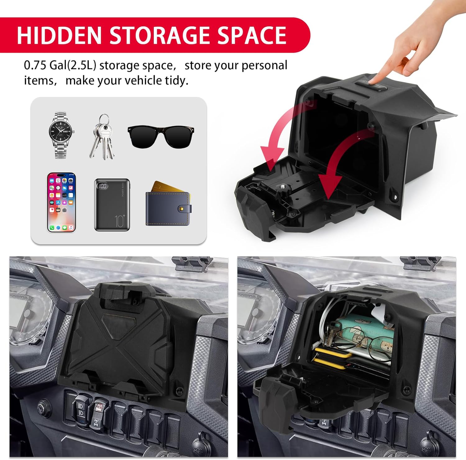 PSLER RZR Electric Device Tablet Cell Phone GPS Holder Mounts with RZR Storage Box Organizer Tray for RZR XP 1000,RZR XP4 1000,RZR XP Turbo,RZR XP4 Turbo 2019-2023 Accessories