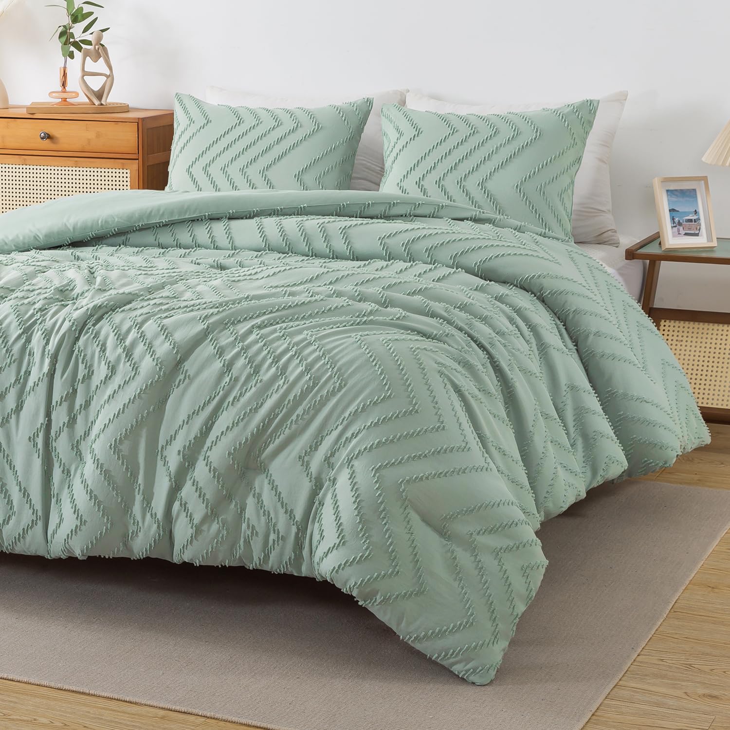 Andency Sage Green King Comforter Set, Boho Soft Fluffy