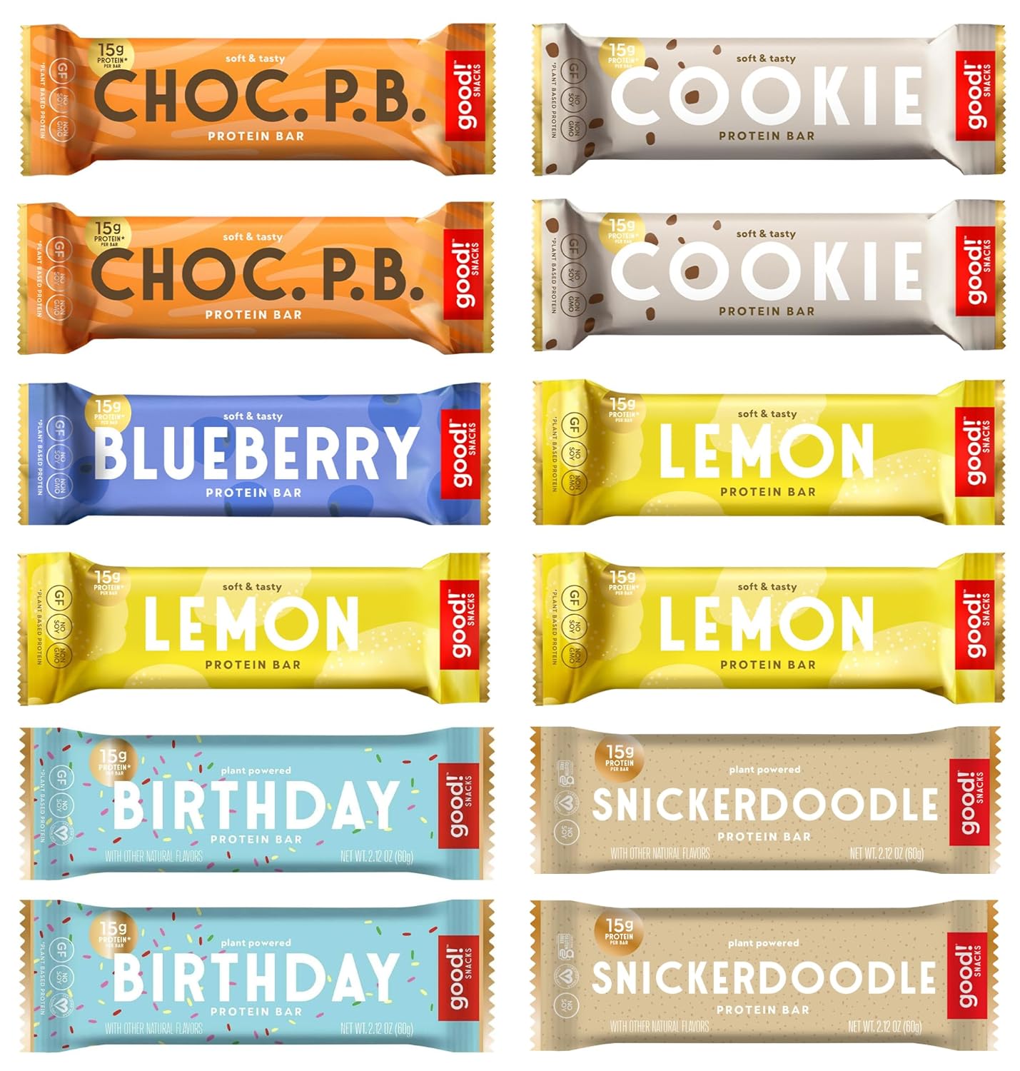good! Snacks Vegan 6 Flavor Pack Protein Bars | Gluten-Free, Plant Based, Low Sugar, Kosher, Soy Free, Non GMO | 15g Protein 12 Bars