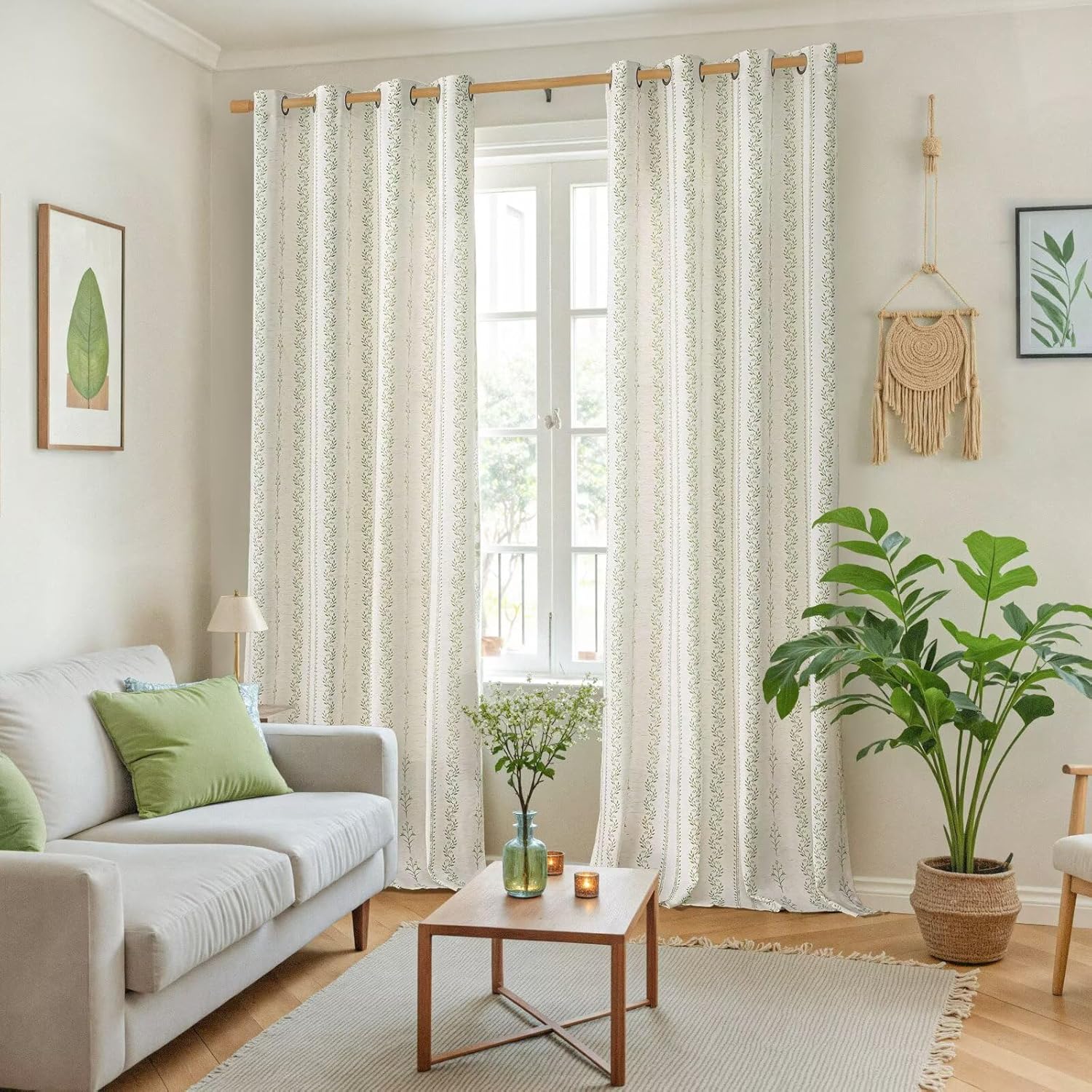 BGment Sage Green Floral Curtains 84 Inch Long, Light Filtering Linen Curtains with Botanical Leaf Print for Living Room Cottage Core Farmhouse Rustic, 2 Panels Set, 52 x 84 Inch