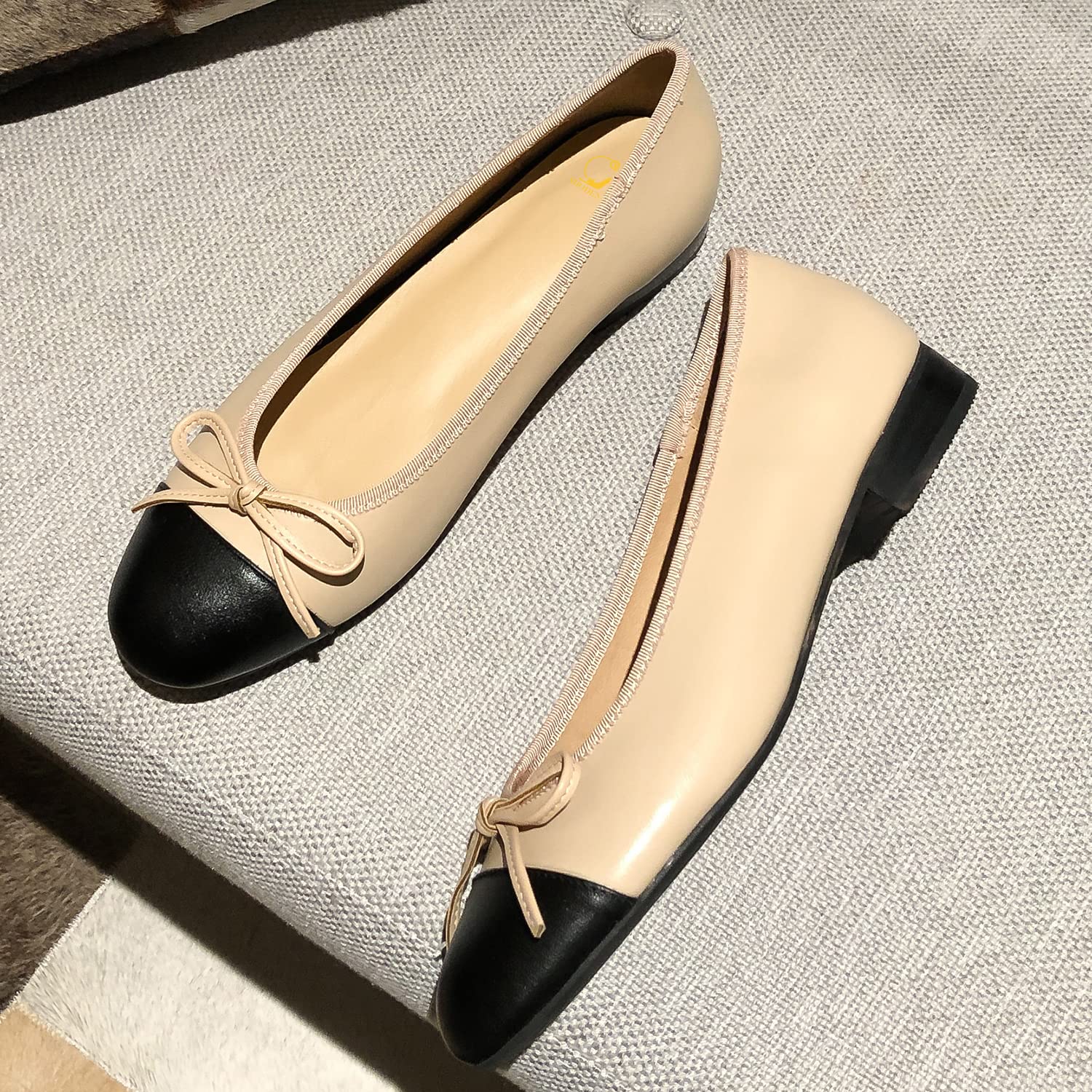 SHODENSE Women Cap Toe Bow Flats Two Tone Slip On Ballet Flats Comfort Closed Round Toe Flats Colorblock 1 Inch Low Flat Heel Dress Shoes Plaid Cute Ladies Cute Casual Drive Flat Shoes 4-11 M US