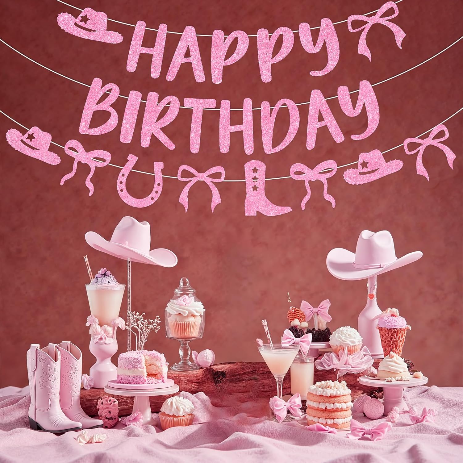Cowgirl Coquette Birthday Banners 3PCS Cowgirl Bow Coquette Birthday Decorations Glitter Pink Cowgirl Boots and Bow Banners Western Rodeo Party Supplies for Birthdays Party Baby Shower Decor - Image 4