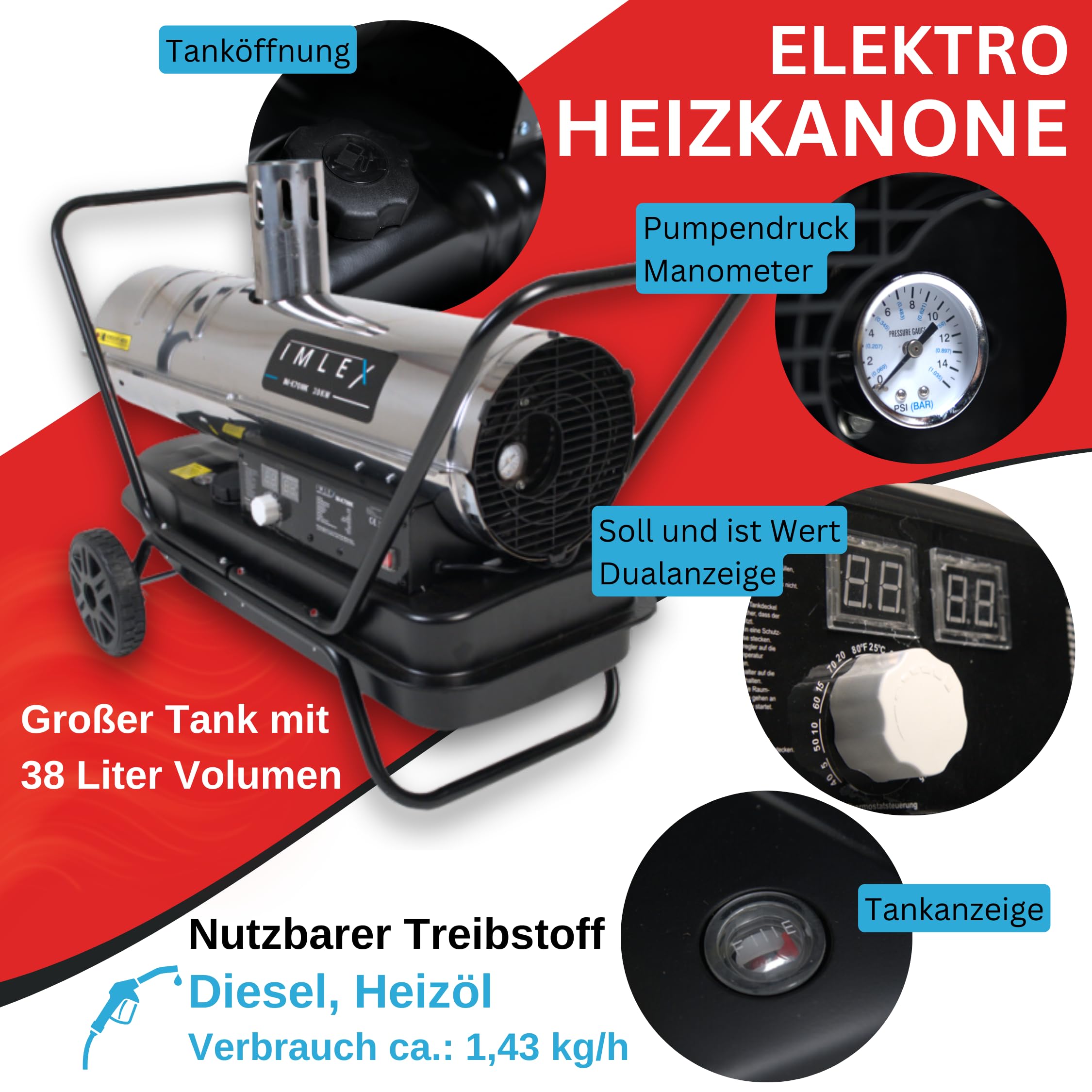 Diesel Heizkanone Ölheizgebläse 30kW Bautrockner 38L Tank mit Thermostat 230W