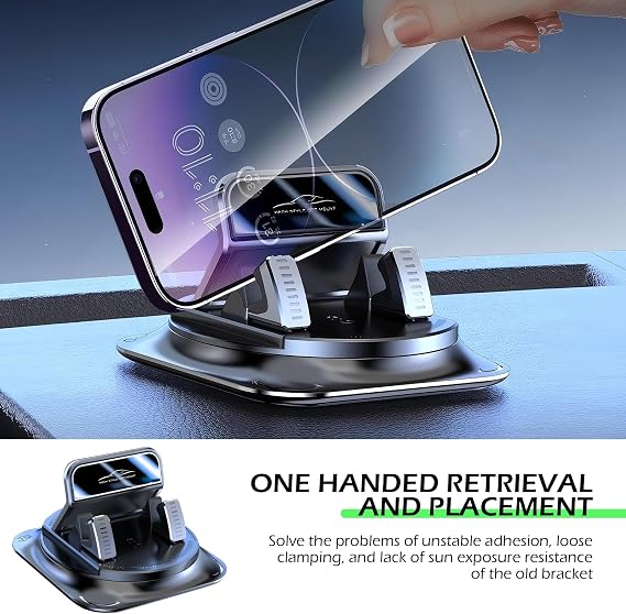 Dashboard Mobile Phone Holder, 360-degree Rotation Anti-slip Double-layer Shock-absorbing Pad for Stable & Vibration-free Navigation Support, One-handed Removal Placement (Black)