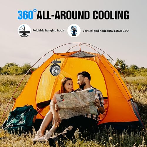 Miniatura 3 de Ventilador portátil de campamento con linterna LED ventilador recargable de 40 horas de tiempo de trabajo con batería con gancho para colgar para