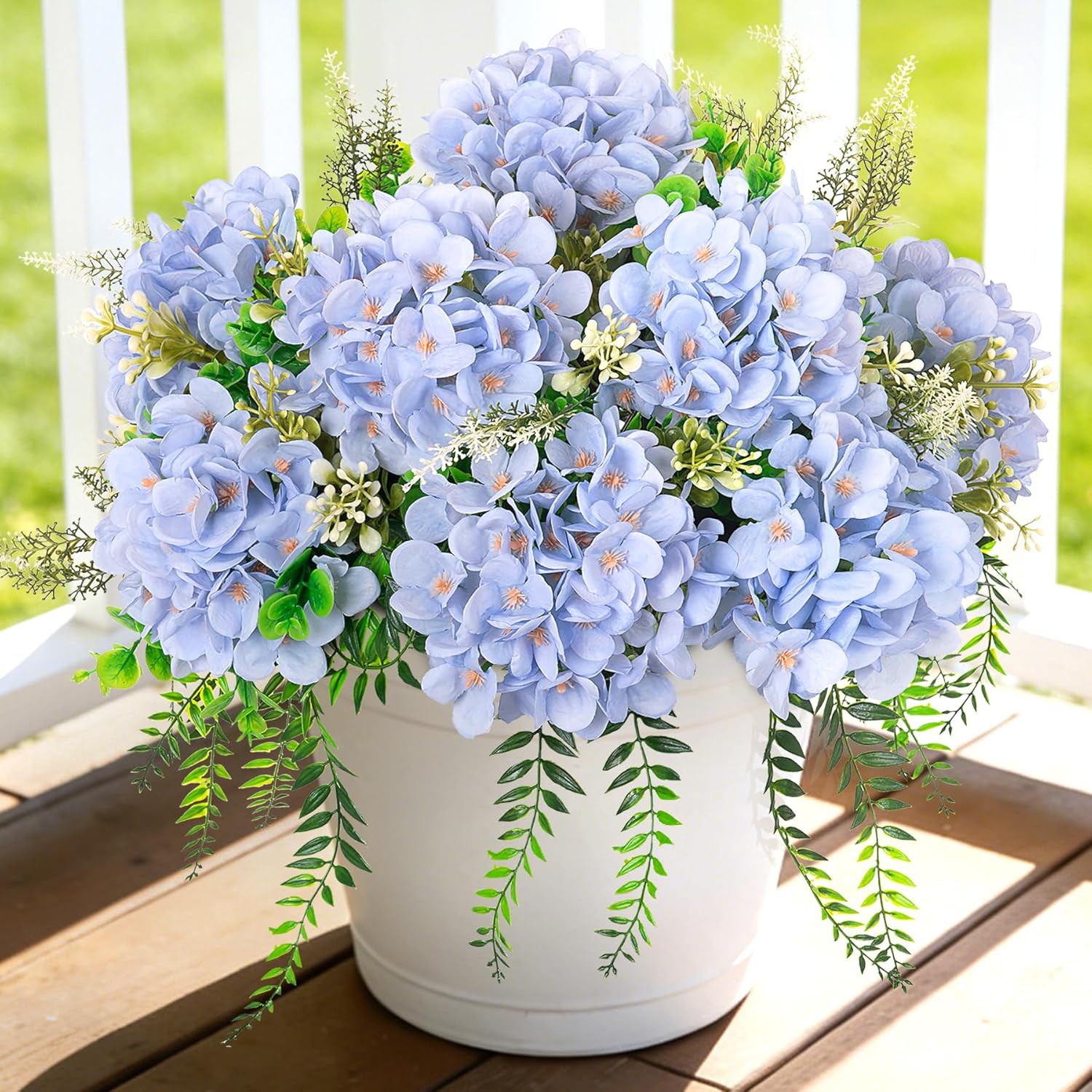 Ammyoo Artificial Hydrangea Flowers Silk Blue Fake Flower with Eucalyptus for Outdoor Decorations UV Resistant Realistic Faux Plants for Garden Porch Window Box Indoor Table Decor