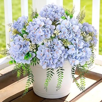 Ammyoo 8 Pcs Artificial Hydrangea Flowers Silk Blue Fake Flower with Eucalyptus for Outdoor Decorations UV Resistant Realistic Faux Plants for Garden Porch Window Box Indoor Table Decor