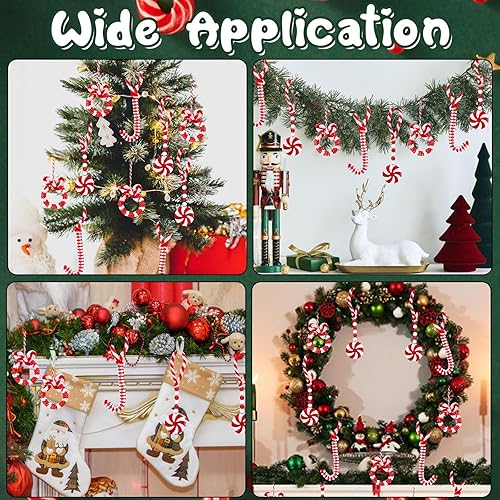 Miniatura 6 de Adornos navideños para adultos y niños, 24 juegos de adornos navideños rojos y blancos, kit de adornos de menta con cuentas y bastón de caramelo