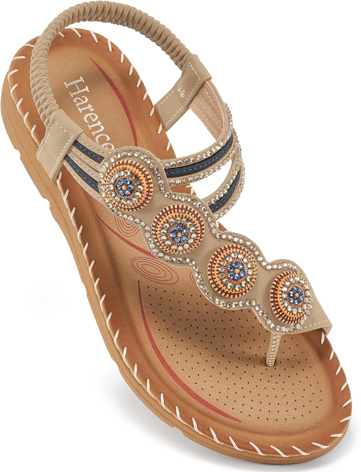 HARENCE Flat Sandals for Women Dressy: Comfortable Summer Flats Shoes Elastic Ankle Strap Bohemian Beaded Beach Sandal