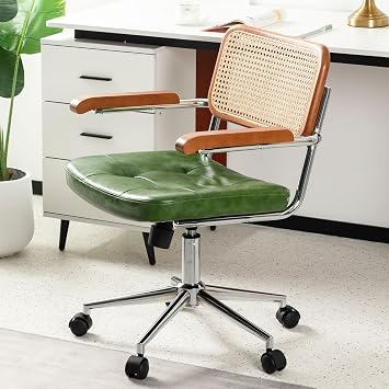Small Desk Chair Office with Wheels, Armless Black Office Chairs for Home Adjustable Height with Modern Walnut Backrest for Small Space Green