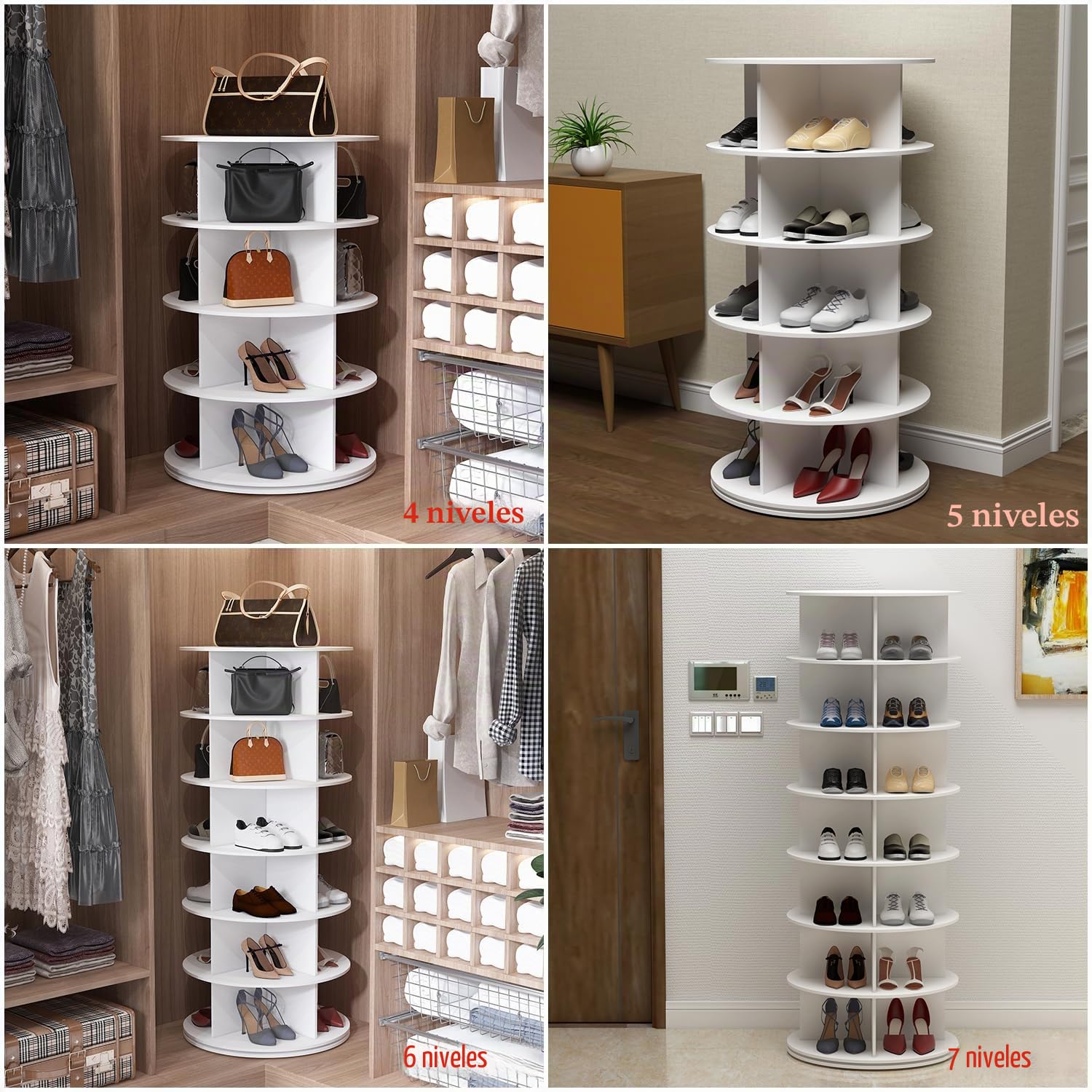 PTUWODS Zapatero giratorio, 360 grados, organizador de zapatos, carrusel redondo, bolso vertical, organizador de zapatero (blanco, 7 niveles)