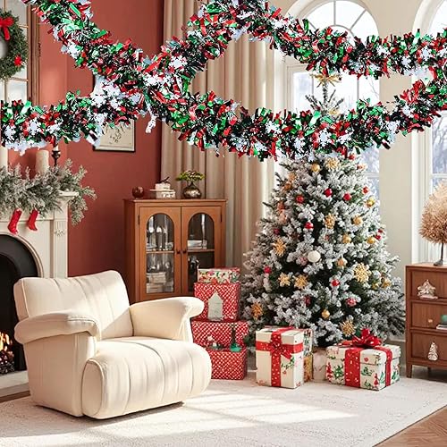 Miniatura 4 de Guirnalda colgante de oropel metálico de Navidad de 50 pies con copo de nieve para el hogar, manto de árbol de Navidad, barandilla de escalera, año
